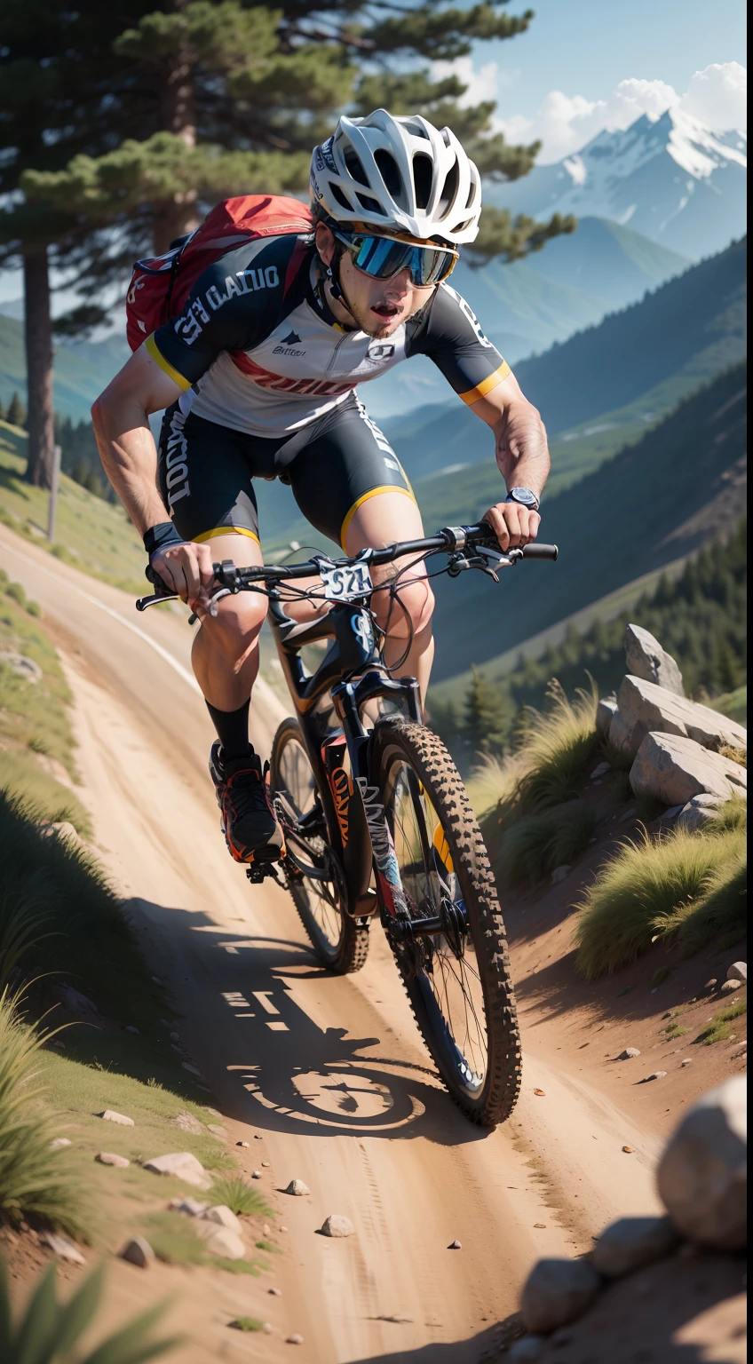 Mountain biking cyclist at the turn of a downhill track