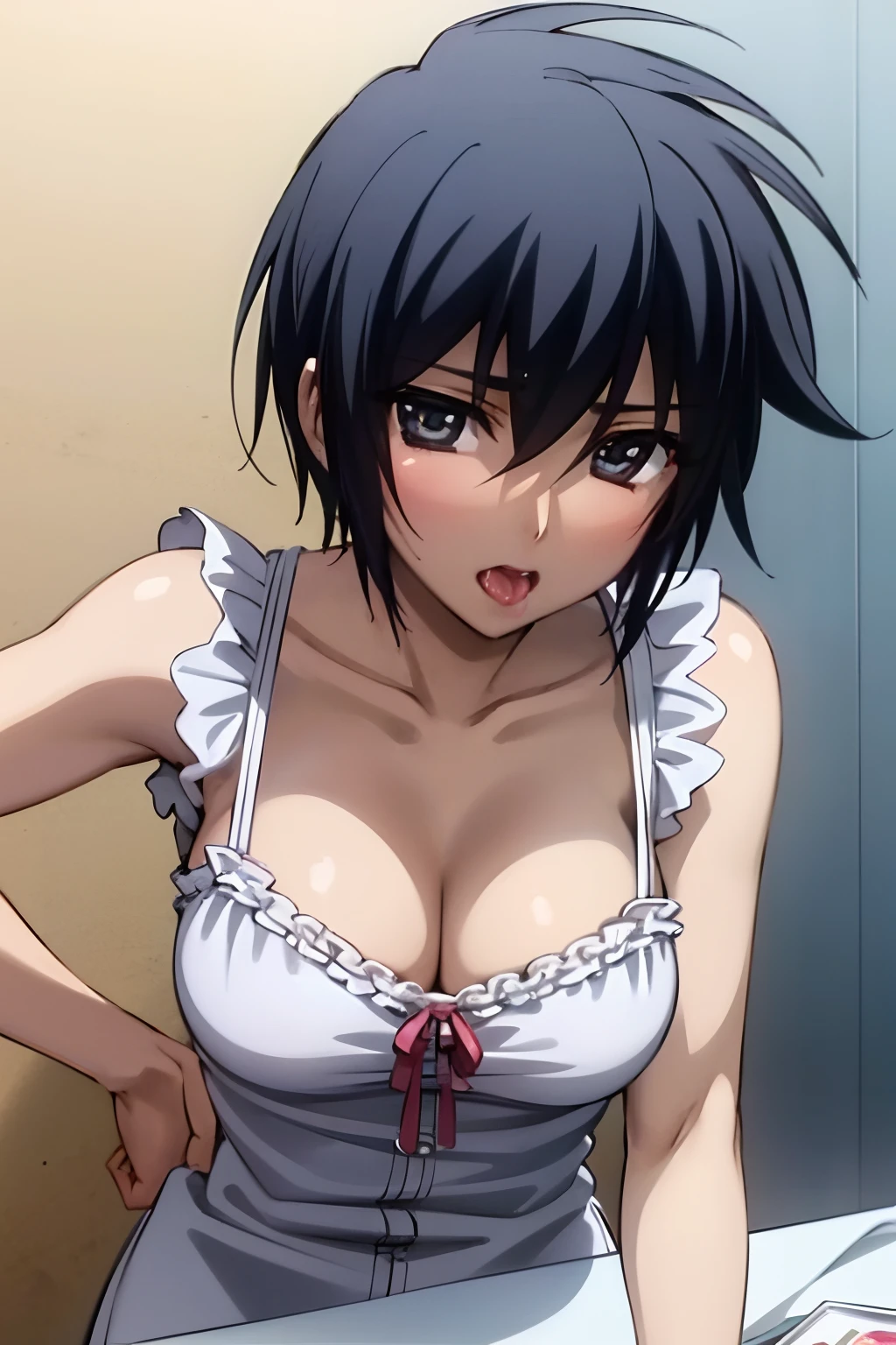 1girl in, looking at viewer, nanami, ((pixie cut, dark-blue hair, gray eyes)), Pink maid clothes, ((pov, face close-up)), ((fake fellatio, fake tongue licking, fake handjob:1.4, (don't have anything in hand))), open mouth, masutepiece, Best Quality, 4K, Yellow panties, High-definition high-precision sharpening,