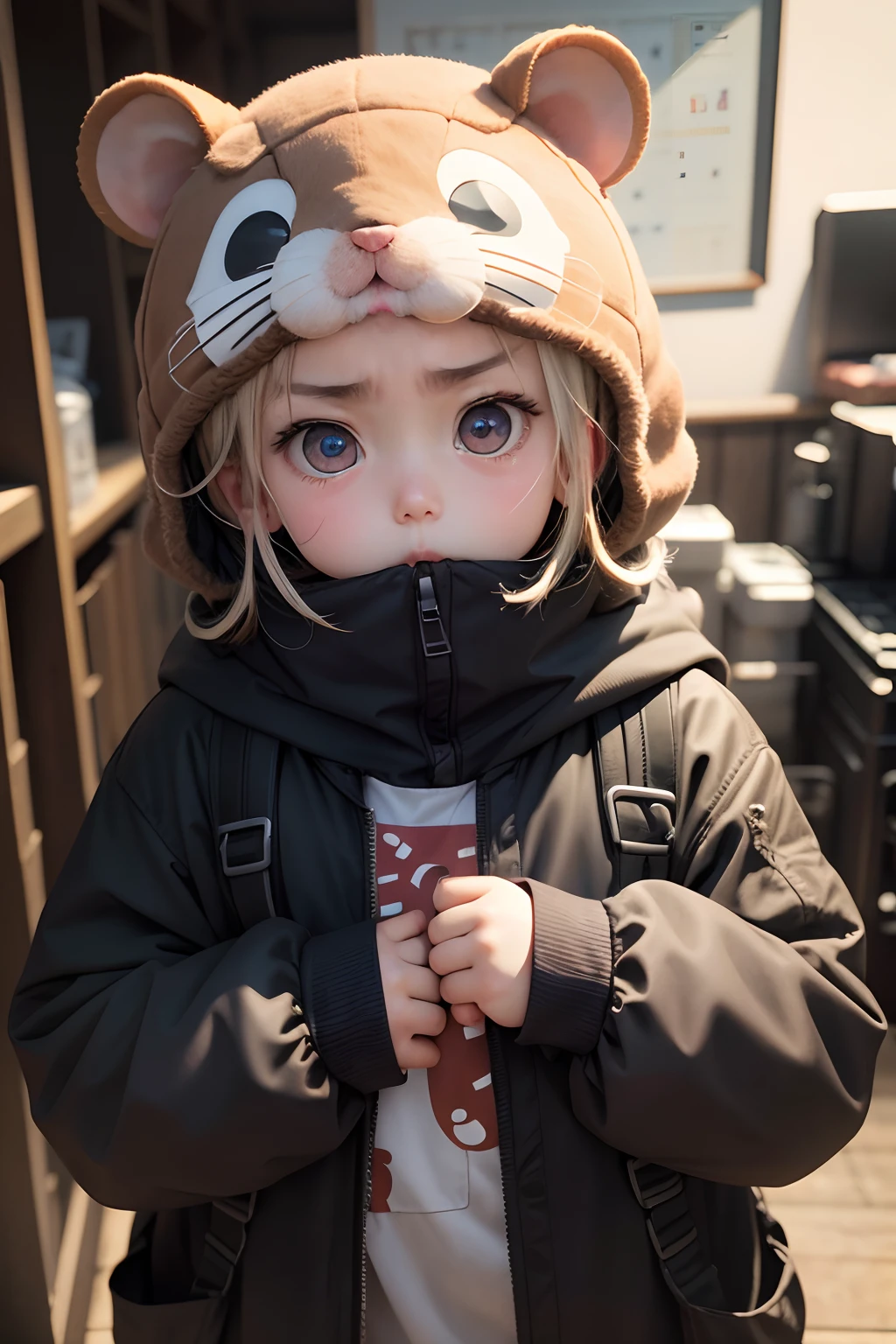 Hamster headgear、 with Thread、He narrows his eyes and stares at me.、Angry with raised eyebrows、Thick、Muchimuchi、Plump