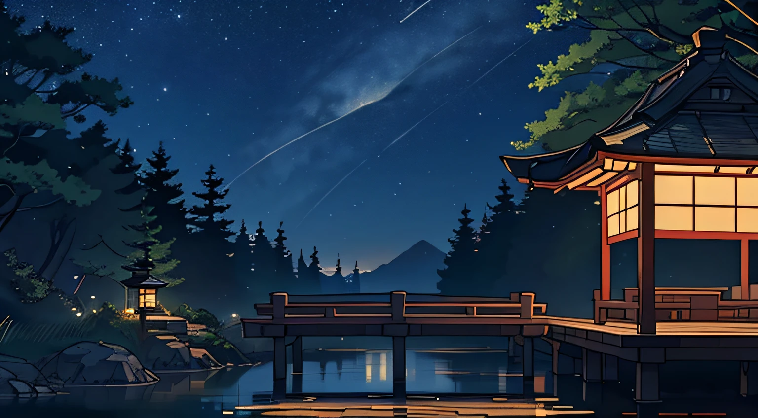 Night view inspired by Japan art, There are lantern-lit gardens and a wooden bridge over a tranquil lake. Starry sky reflected in water, Create a magical environment. On the shores of the lake, There is a small Zen temple lit by candles, a person々Where to come to meditate. The tree々Leaves flutter in the wind, Creates a quiet and calm atmosphere.