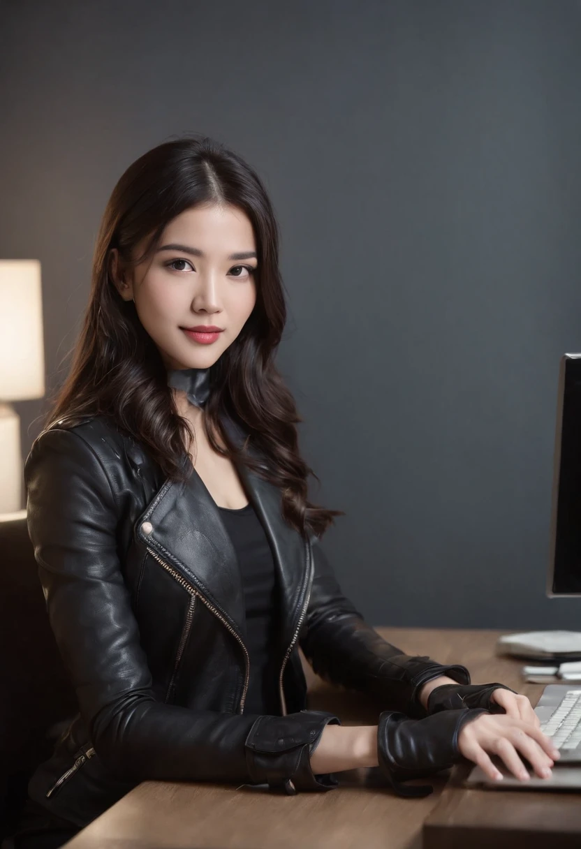 Wearing black leather gloves on both hands Upper body Black leather rider jacket Black leather skinny pants Black leather long boots Necklace on chest Smiling at modern study desk in the dark, Young Japan woman with long straight black hair (Black leather gloves cover both hands) With fingers in black leather gloves, Sitting in a leather chair, Working at a computer, Staring at the screen