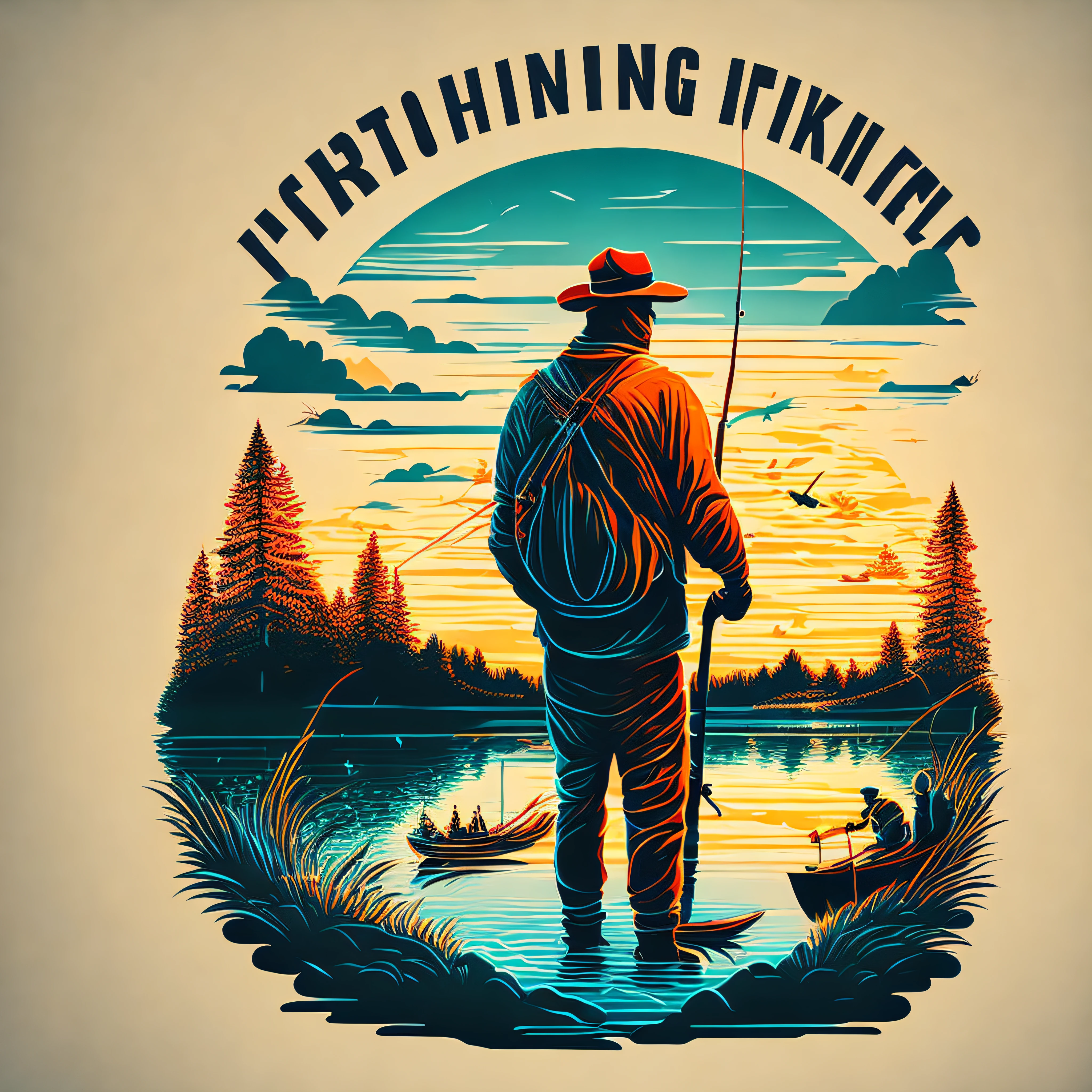 fishing man with fishing equipment in river landscape, tshirt design, vector-art