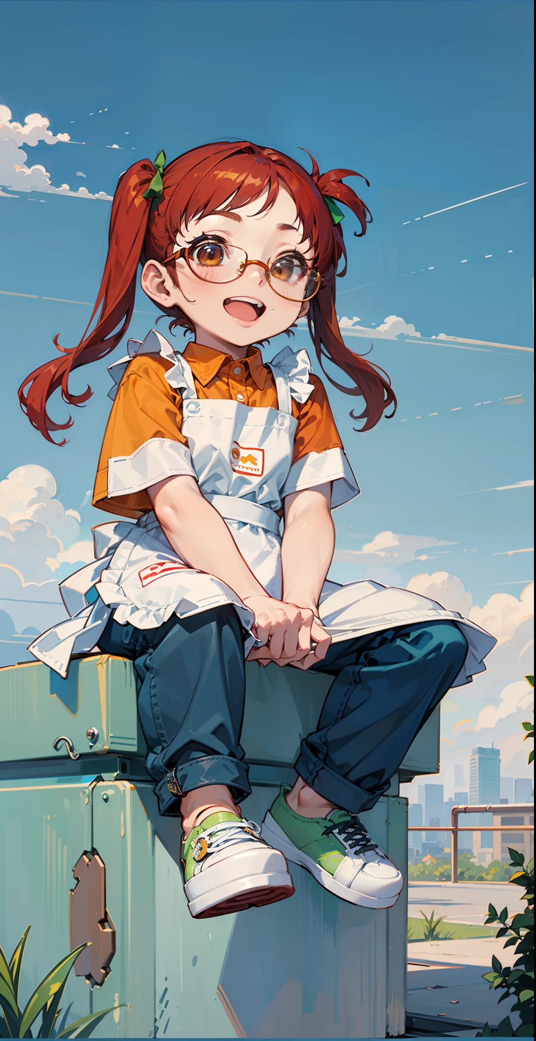 (Masterpiece, complete body!!, good anatomy), 1 girl, solo, brown eyes, red hair, twintails, green ribbons, glasses, happy, orange shirt, apron, blue pants, green platform shoes, looking you, park, day
