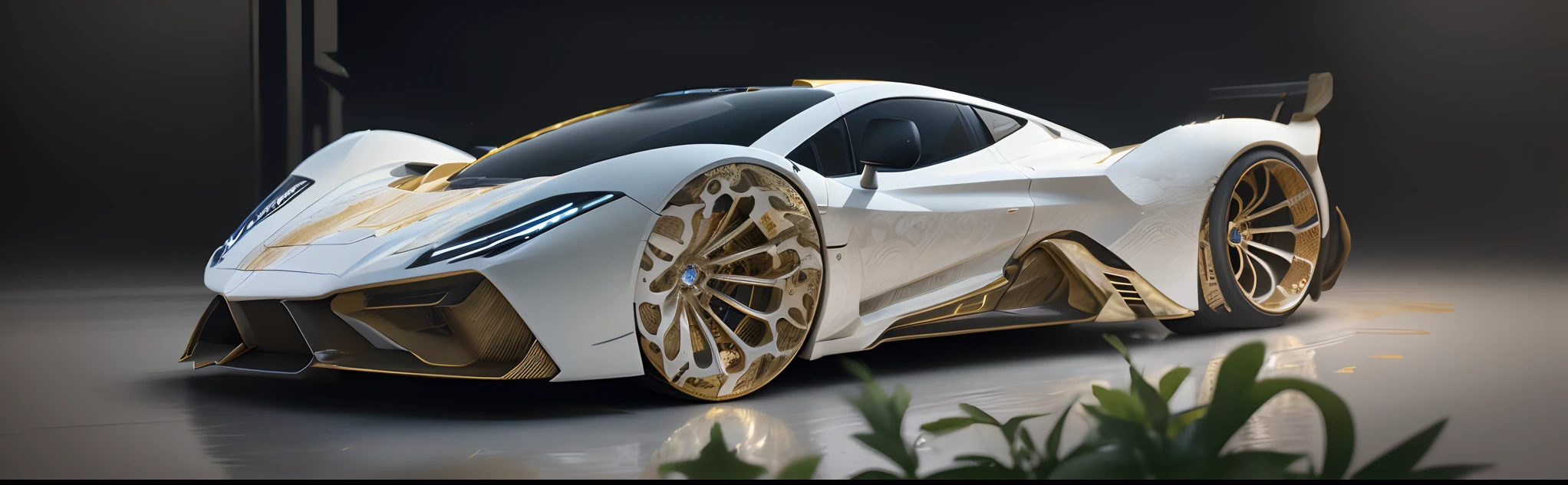 Photo realistic future supercar design by Leonardo DaVinci, Masterpiece, low styling with starry headlights in white and gold patterns with lilies, extreme long shot side view portrait, 16k resolution concept art portrait by Leonardo DaVinci, intricate details, highly detailed;, dynamic lighting hyperdetailed intricately detailed, filagree, DaVinci knots, Splash art trending on Artstation triadic colors Unreal Engine 5 volumetric lighting, whole car intertwined body panels, overlay, perfect professional automotive photography, Pagani Utopia, photorealistic hyperdetailed landscape view in the background,