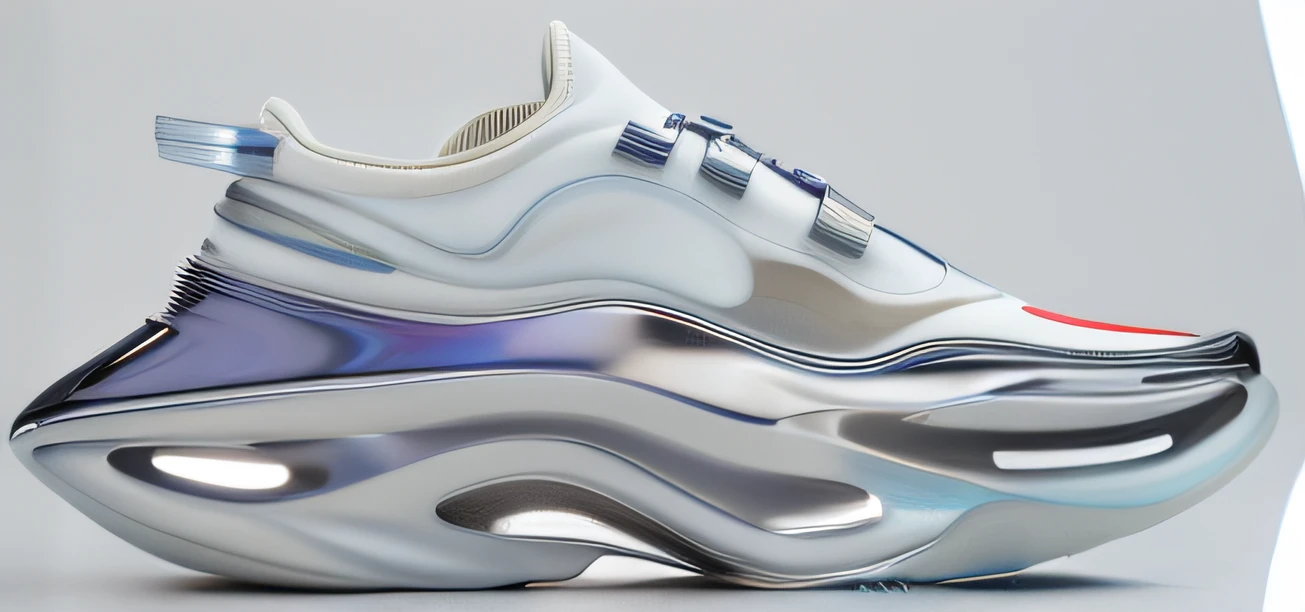 Close-up of a pair of shoes with metal design, Futuristic Balenciaga sneakers, futuristic sneakers, inflatable future shoes, ultra render, sneaker design, futuristic hi-tech details, ultra render, ultra mega detailed, zaha hadid octane highly render, smooth surface render, BALENCIAGA, hyper realistic detailed rendering, author:Matthia Jama, blueshift render