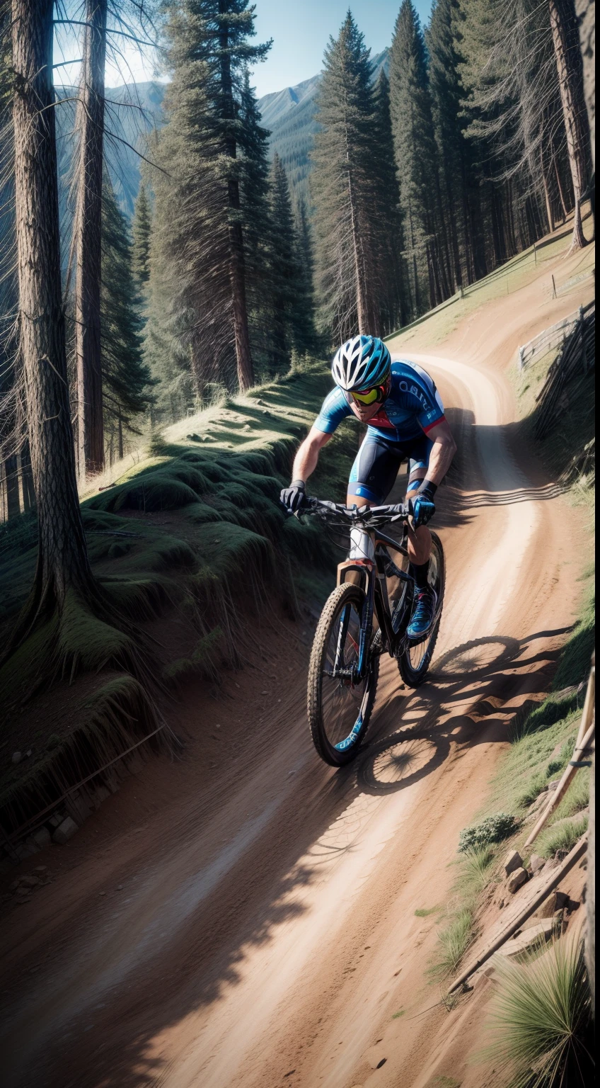 A cyclist on a mountain bike at a bend in a downhill track