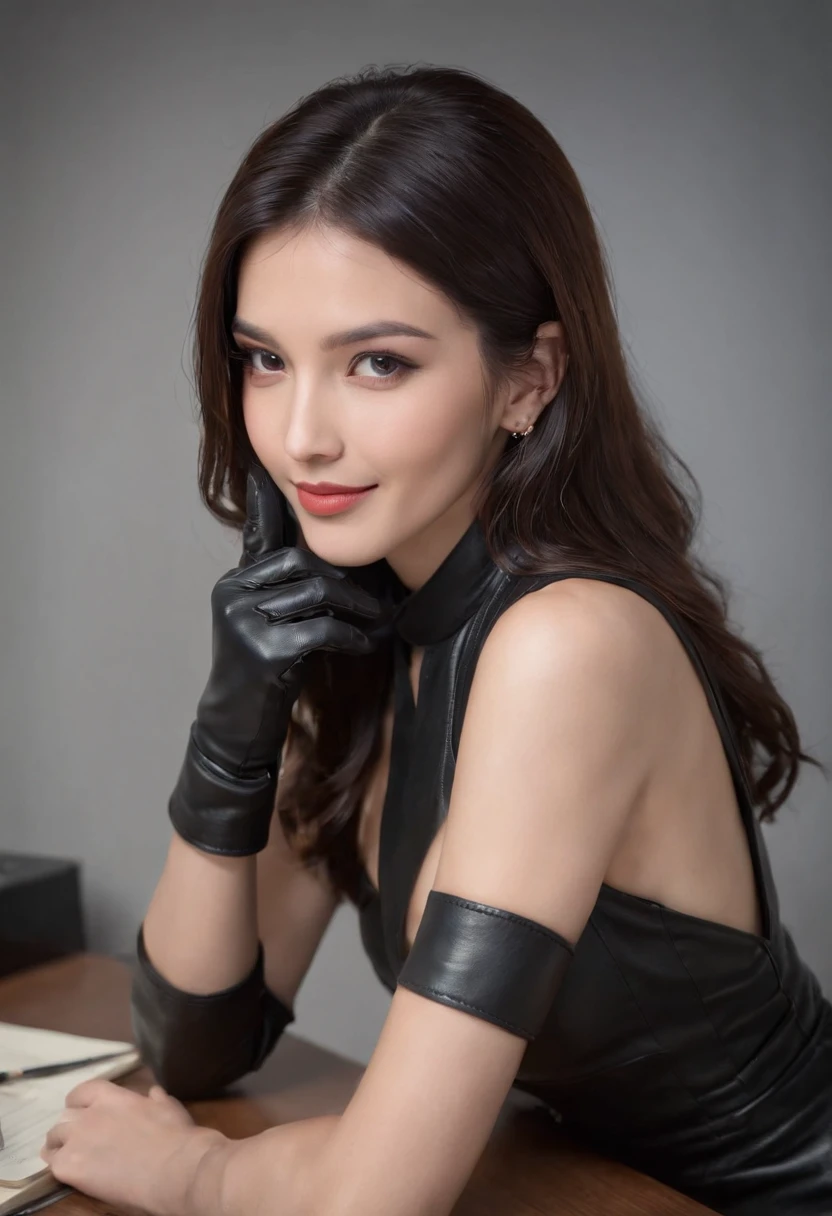 Wearing black leather gloves on both hands Upper body Black leather rider jacket Black leather skinny pants Black leather long boots Necklace on chest Smiling at modern study desk in the dark, Young Japan woman with long straight black hair (Black leather gloves cover both hands) With fingers in black leather gloves, Sitting in a leather chair, Working at a computer, Staring at the screen