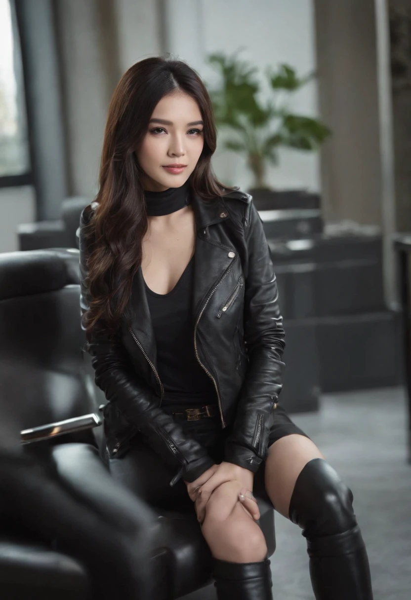 Wearing black leather gloves on both hands Upper body Black leather rider jacket Black leather skinny pants Black leather long boots Necklace on chest Smiling at modern study desk in the dark, Young Japan woman with long straight black hair (Black leather gloves cover both hands) With fingers in black leather gloves, Sitting in a leather chair, Working at a computer, Staring at the screen