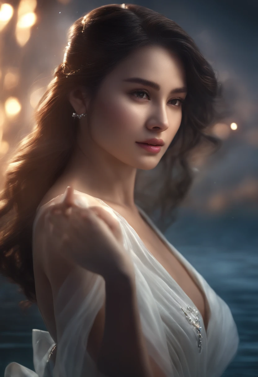 best quality,masterpiece,highres,cg,
1girl,weapon,sword,long hair,dress,water,solo,jewelry,white dress,earrings,hair ornament,splashing,upper body,hair bun,black hair,
lighting,candid,Photograph,high resolution,4k,8k,Bokeh,