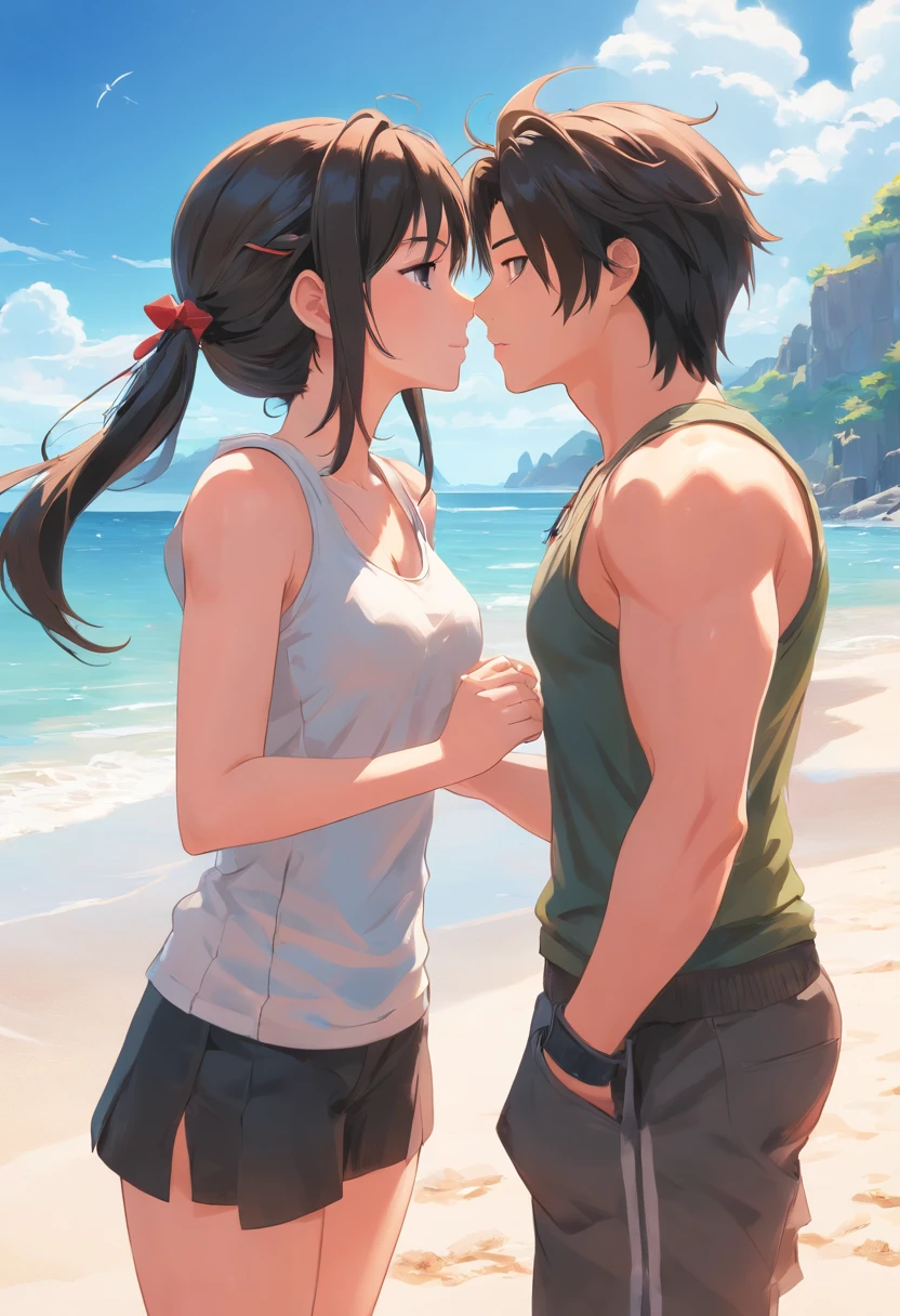 Cloud und Tifa  am Strand  aus Final Fantasy 7 Remake, kissing on the beach, UHD, masterpiece, ccurate, anatomically correct, high quality, high details, super detail, textured skin, best quality, highres, 8k
