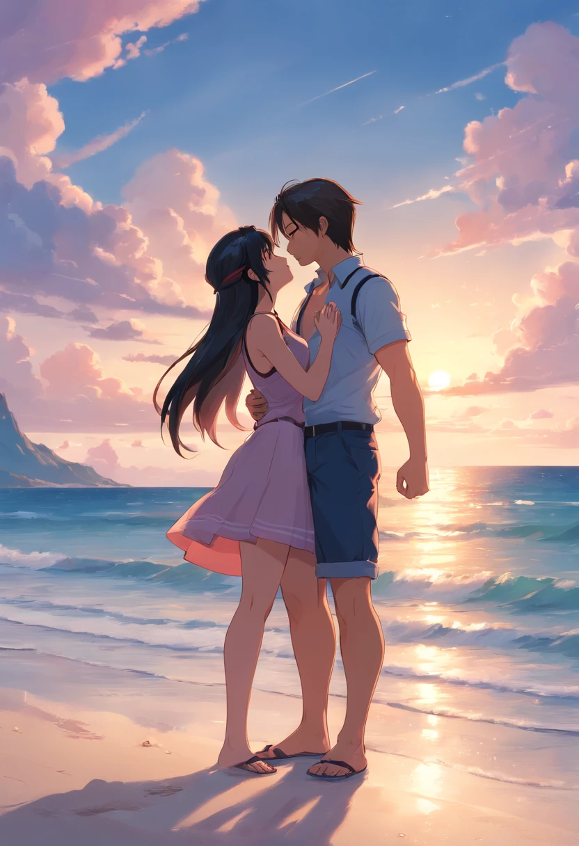 Cloud and Tifa kissing on the beach, UHD, masterpiece, ccurate, anatomically correct, high quality, high details, super detail, textured skin, best quality, highres, 8k