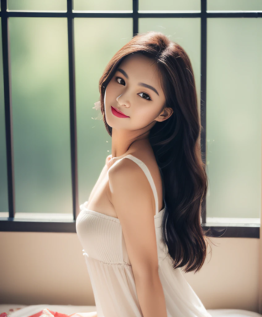 ((Best Quality, 8K, Masterpiece: 1.3)), A beautiful girl, pure, melon face, gentle and cute, sweet smile, pure desire, thin figure, (frontal), (tilted head), looking directly at the camera, uniform, obi, formal, black silky long straight hair, long hair flowing over the shoulders, round black big eyes, clear big eyes, moist red lips, sweet, sitting on the edge of the bed, window sill background,((Full body)),