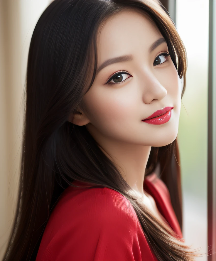 ((Best Quality, 8K, Masterpiece: 1.3)), A beautiful girl, pure, melon face, gentle and cute, sweet smile, pure desire, thin figure, (frontal), (tilted head), looking directly at the camera, uniform, obi, formal, black silky long straight hair, long hair flowing over the shoulders, round black big eyes, clear big eyes, moist red lips, sweet, sitting on the edge of the bed, window sill background,((Full body)),