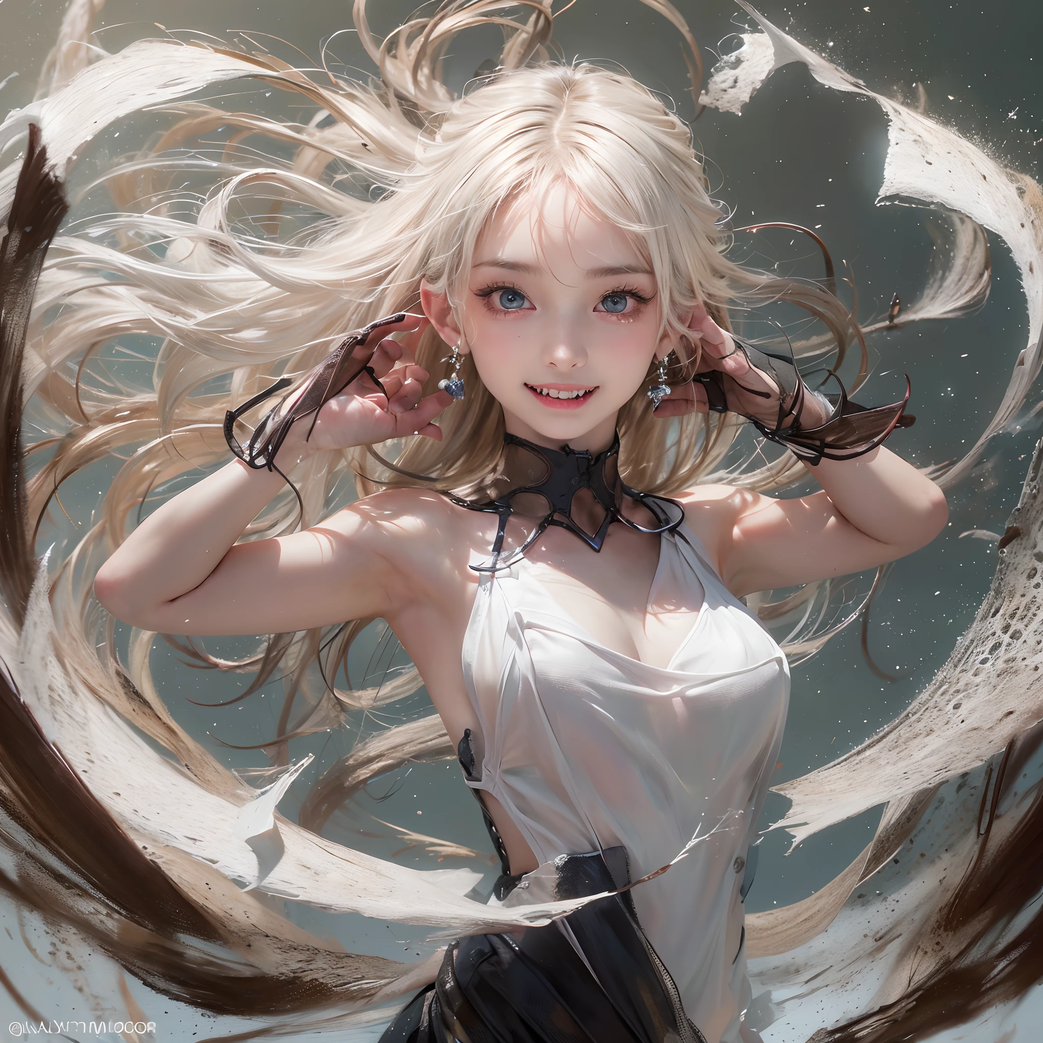 a bory girl, facing the front, underarm, armpit, nearly naked, thin body, skinny, (Highest quality authentic textured skin),(abyssal),(Fine, Round, Symmetrical eyes),Delicate facial features,(Burning bright and cold eyes), very slim and thin body, naked, nude, (She has a mischievous smile on her face),(Her face is gentle and beautiful),Glass earrings on the ears,,(Blonde hair),(silvery white hair),(Maroon hair),(Dramatic photo:1.4),(dramatic pose),(flamboyant photo), upturned eyes, upward glance, A messy painting,(Hair flows in air:2.0),(Vortices and tidal currents in the background),(Dramaticlight),(Magnificent scene),Epic realism,Cinematic feeling,(high-density imaging review:1.5),(Soft color:1.2),Ultra detailed,Dramaticlight,(intricately details:1.1), complex background, sparkle background, fractal background,(fangs:1.8)