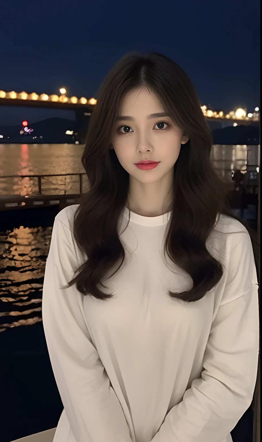 （Original photo of 8K，best qualtiy，tmasterpiece：1.2），（Medium view），the night，Night on a yacht，Sea and night view in the background，best qualtiy，tmasterpiece，（Small mouth：1.2），short- sleeved，short- sleeved，short- sleeved，short- sleeved，an extremely delicate and beautiful one，，astounding，finely detailled，tmasterpiece，Best quality at best，（age 22：1.2），Narrow waist，Slim，is shy，Pure，adolable，Bushy hair，Soft hair，big breasts beautiful，A detailed eye，（long whitr hair：1.2）