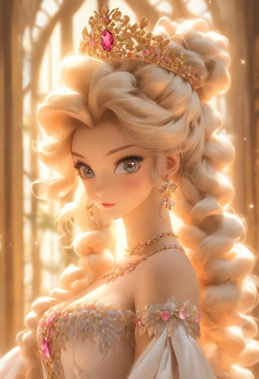 ((Anime art style)),(Masterpiece),(Best quality),(Super detail),(Very delicate and beautiful),Solo,((full bodyesbian,stand posture)),Standing in the royal palace,((1 queen in a rococo jewelry dress，Wear yours with a voluminous full-length hoop skirt)),(crinoline),Gorgeous embroidery,((Gorgeous gemstone jewelry)),Detailed face and eyes,Jewel-like eyes,((Plenty of straight hair,Extra-long fluffy hair)),((huge tit,long breasts,skin indentation)),Gorgeous embroidery,cleavage,Extremely gorgeous hair accessories,(Extremely gorgeous gemstone tiara，dourados cintilantes),Gorgeous corsage,(Dynamic Angle),view the viewer,((full bodyesbian))