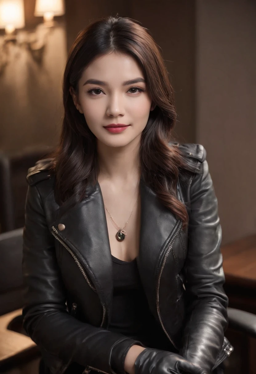 Wearing black leather gloves on both hands Upper body Black leather rider jacket Black leather skinny pants Black leather long boots Necklace on chest Smiling at modern study desk in the dark, Young Japan woman with long straight black hair (Black leather gloves cover both hands) With fingers in black leather gloves, Sitting in a leather chair, Working at a computer, Staring at the screen