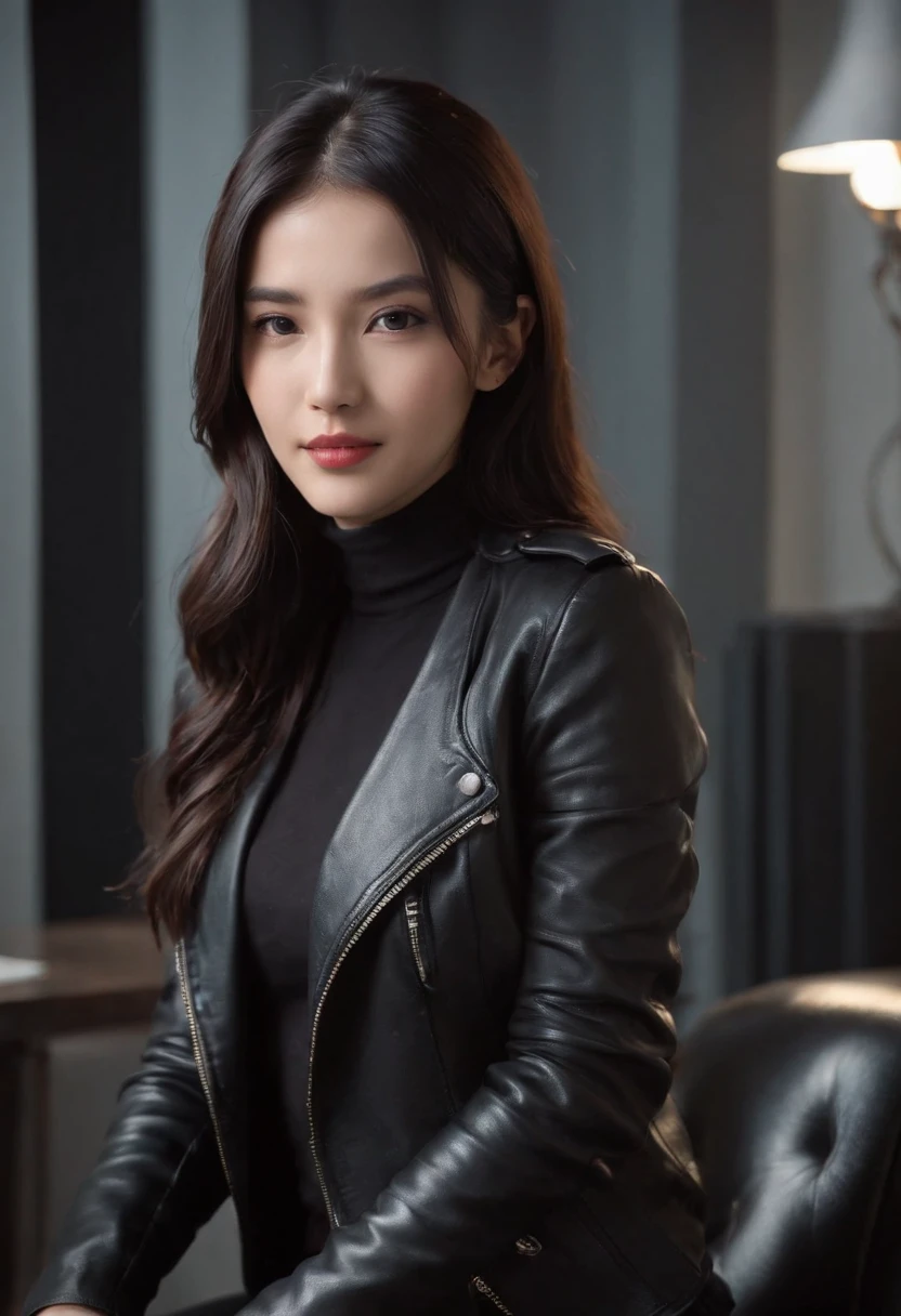 Wearing black leather gloves on both hands Upper body Black leather rider jacket Black leather skinny pants Black leather long boots Necklace on chest Smiling at modern study desk in the dark, Young Japan woman with long straight black hair (Black leather gloves cover both hands) With fingers in black leather gloves, Sitting in a leather chair, Working at a computer, Staring at the screen