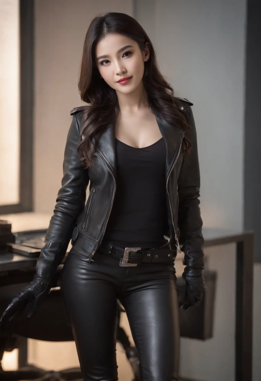Wearing black leather gloves on both hands Upper body Black leather rider jacket Black leather skinny pants Black leather long boots Necklace on chest Smiling at modern study desk in the dark, Young Japan woman with long straight black hair (Black leather gloves cover both hands) With fingers in black leather gloves, Sitting in a leather chair, Working at a computer, Staring at the screen