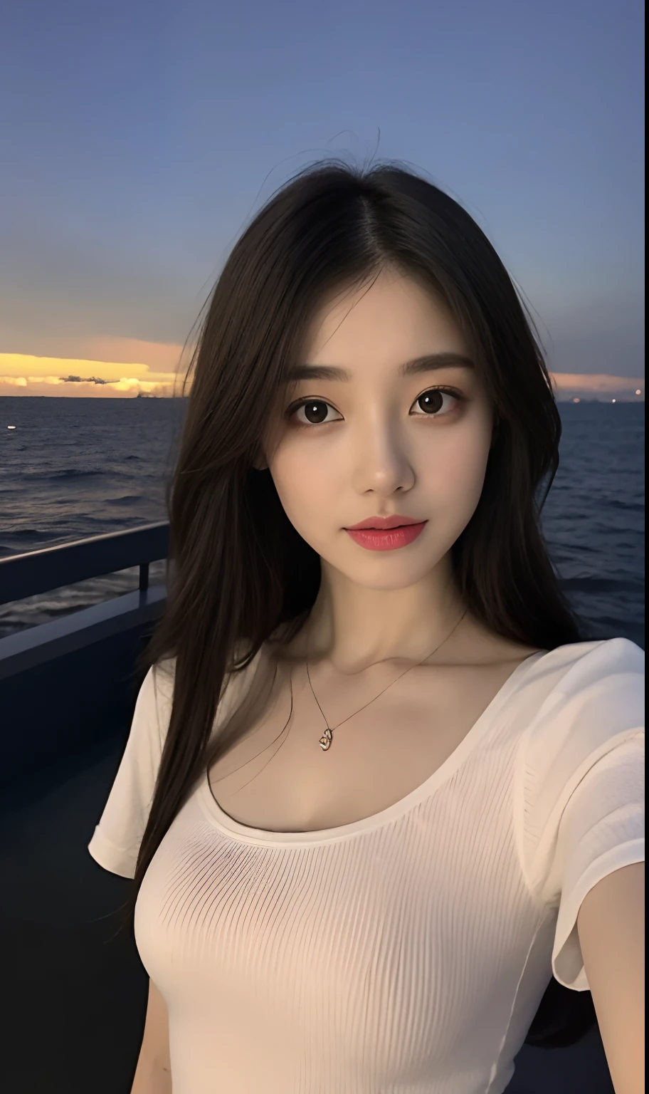 （Original photo of 8K，best qualtiy，tmasterpiece：1.2），（Medium view），the night，Night on a yacht，Sea and night view in the background，best qualtiy，tmasterpiece，（Small mouth：1.2），short- sleeved，short- sleeved，short- sleeved，short- sleeved，an extremely delicate and beautiful one，，astounding，finely detailled，tmasterpiece，Best quality at best，（age 22：1.2），Narrow waist，Slim，is shy，Pure，adolable，Bushy hair，Soft hair，big breasts beautiful，A detailed eye，（long whitr hair：1.2）