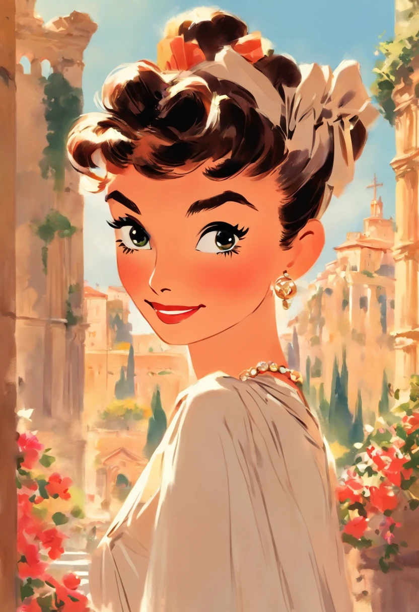 Roman holiday illustration、audrey hepburn、Illustrations that maximize Hepburn's good looks、Princess Anne dressed as Hepburn strolling through Rome、