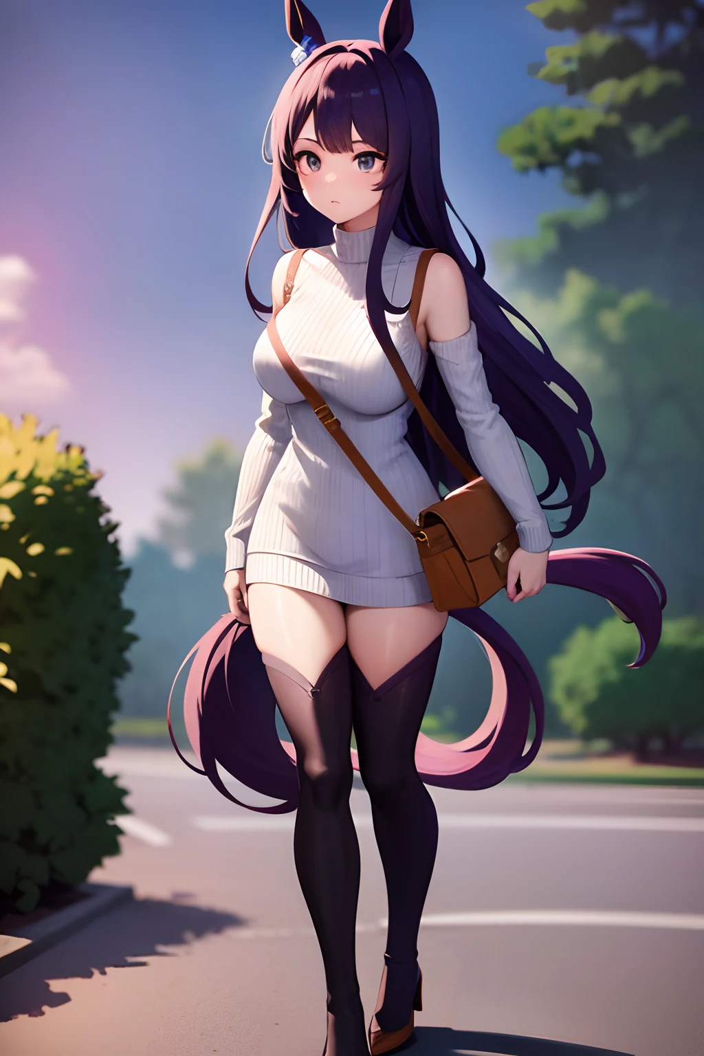 Super Creek_(Umamusume), 1girl in,Animal ears ,Horse ears ,Horse Girl ,Horse tail,masutepiece, Best Quality,Detached sleeves, Long sleeves, Bare shoulders, Sleeveless sweater, Ribbed sweater, White sweater, Turtleneck sweater, Wrist cuffs, strap between breasts, Handbag, Shoulder bag, Blue Dress, thighs thighs thighs thighs, Thigh boots, mismatched footwear, Assismetric Shoes,