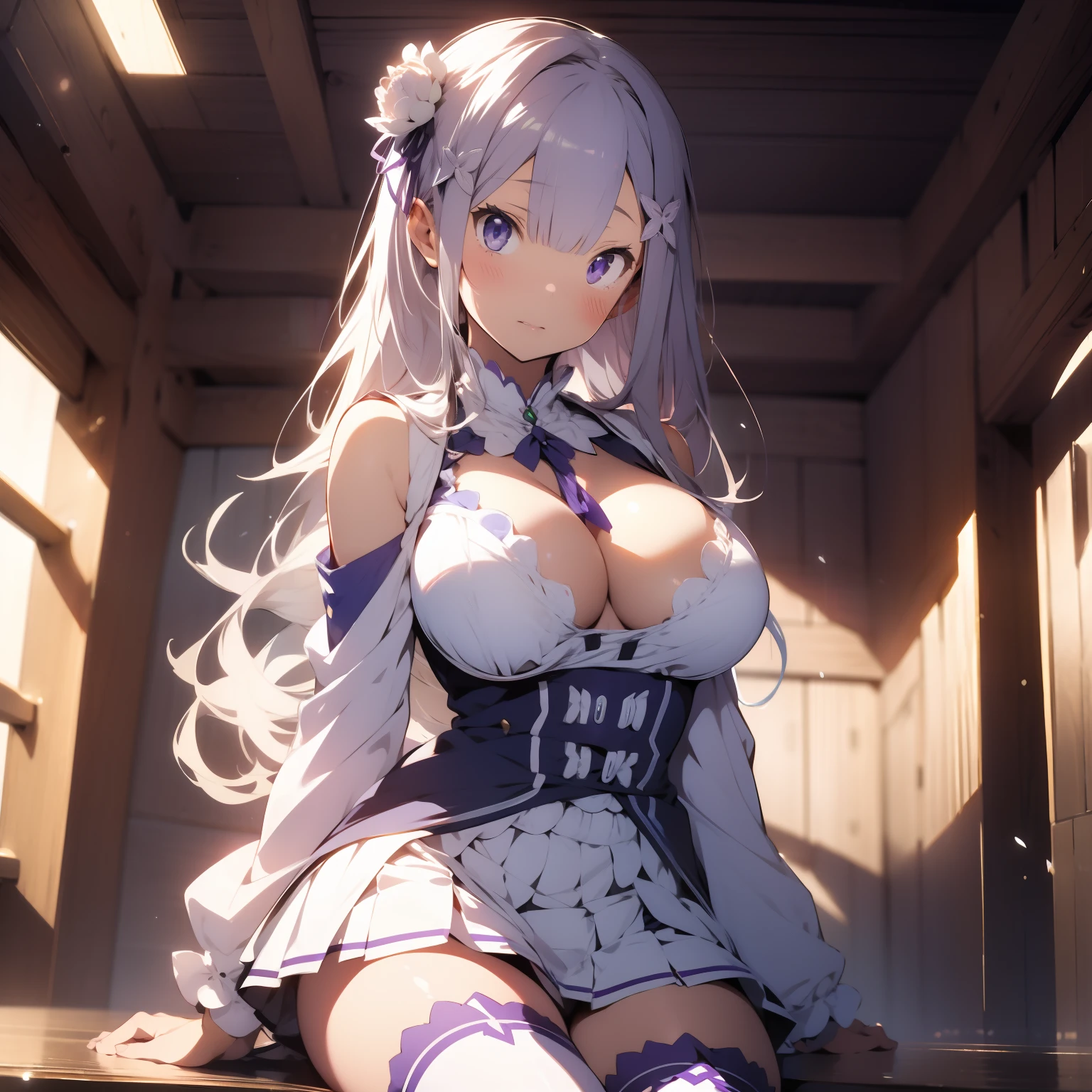 (masterpiece, best quality), Emilia from Rezero
silver hair, underboob, white panties, long white hair, purple detailed eyes, detached collar, detached sleeves, frilled sleeves, frills, long sleeves, miniskirt, pleated skirt, ribbon, skirt, thighhighs, white skirt, white sleeves, white thighhighs, wide sleeves, zettai ryouiki, medium shot, 1girl, indoors, big breast, H-cup, good breast, beautiful, gorgeous ,large breast, cleveage, expressive eyes, perfect face, hands on breasts, hands pushing breasts together, masturbation from below, Grab your own breasts,