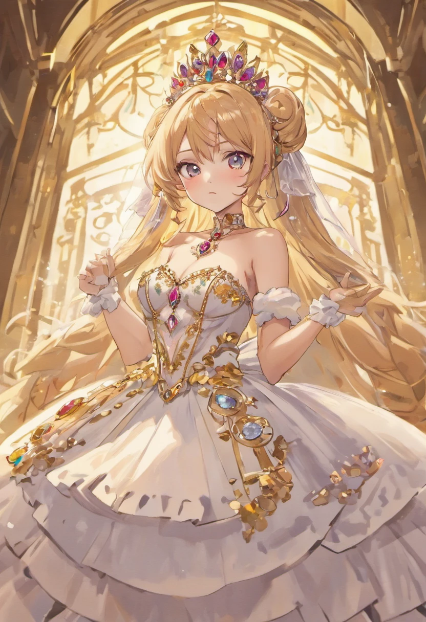 (((masterpiece))), (((best quality))), (((ultra detailed))), ((an extremely delicate and beautiful)), (unity 16k wallpaper), (Moe anime art style:1.3),
BREAK
(((solo princess young face))), (18 years old), (huge breasts cleavage focus), sweat on the chest,
BREAK
(hair pink ponytail fluffy:1.5), Curly Hair, (Expressive hair), (very voluminous long hair), Spreading hair, bangs, Beautiful tiara silver and jewels,
BREAK
(((super delicate and beautiful face))), ((hyper detail delicate beautiful blue eyes)), ((beautiful lips)), (face focus), beautiful smile,
BREAK
((((Gorgeous rococo ballgown dress shiny taffeta fabric dark yellow:1.5))), ((with long hem and voluminous hoop skirt at full length)), ((and over skirt with plenty of frills and luxurious embroidery and precision lace fabric)),
BREAK
(((A princess climbing the grand staircase))), ((cowboy shot)), (from behind:1.5), (from below:1.1), looking down, (depth of field:1.9), (backlighting:1.3), (light sparkles), Rays of light coming from stained glass,