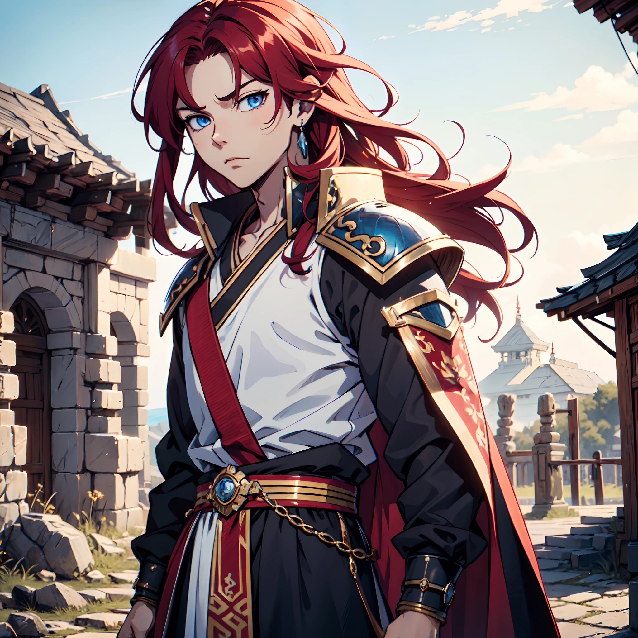 Ultra High Definition, Ultra High Quality, Extremely Detailed, Perfectly Detailed, Masterpiece, 8k, 1 Boy, Look A Like Xin From Kingdom Anime, Handsome, Equipped With Royal Knight Armor, Solid Light Blue Eyes, Long Red Hair, Body Shot, Ancient Kingdom Background