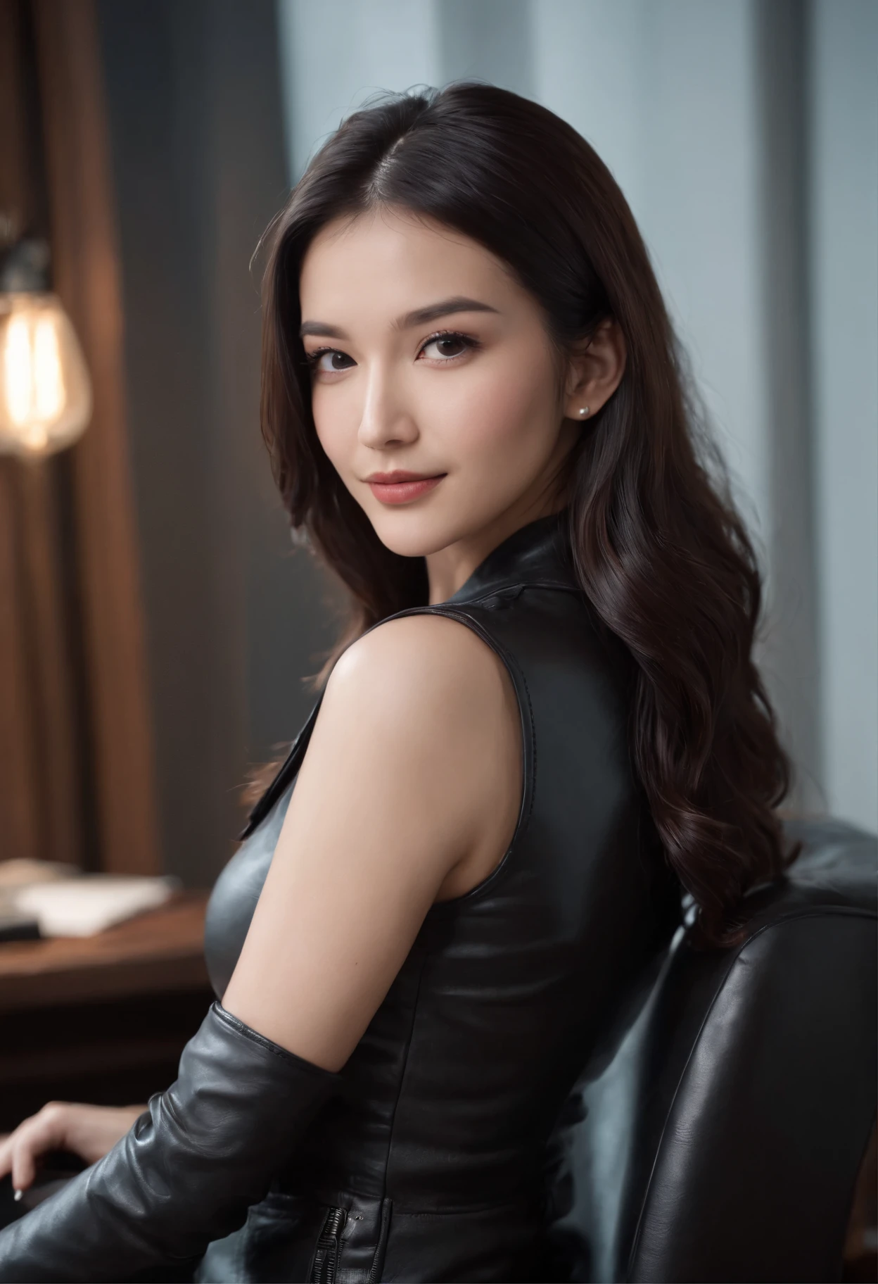 Wearing black leather gloves on both hands Upper body Black leather rider jacket Black leather skinny pants Black leather long boots Necklace on chest Smiling at modern study desk in the dark, Young Japan woman with long straight black hair (Black leather gloves cover both hands) With fingers in black leather gloves, Sitting in a leather chair, Working at a computer, Staring at the screen