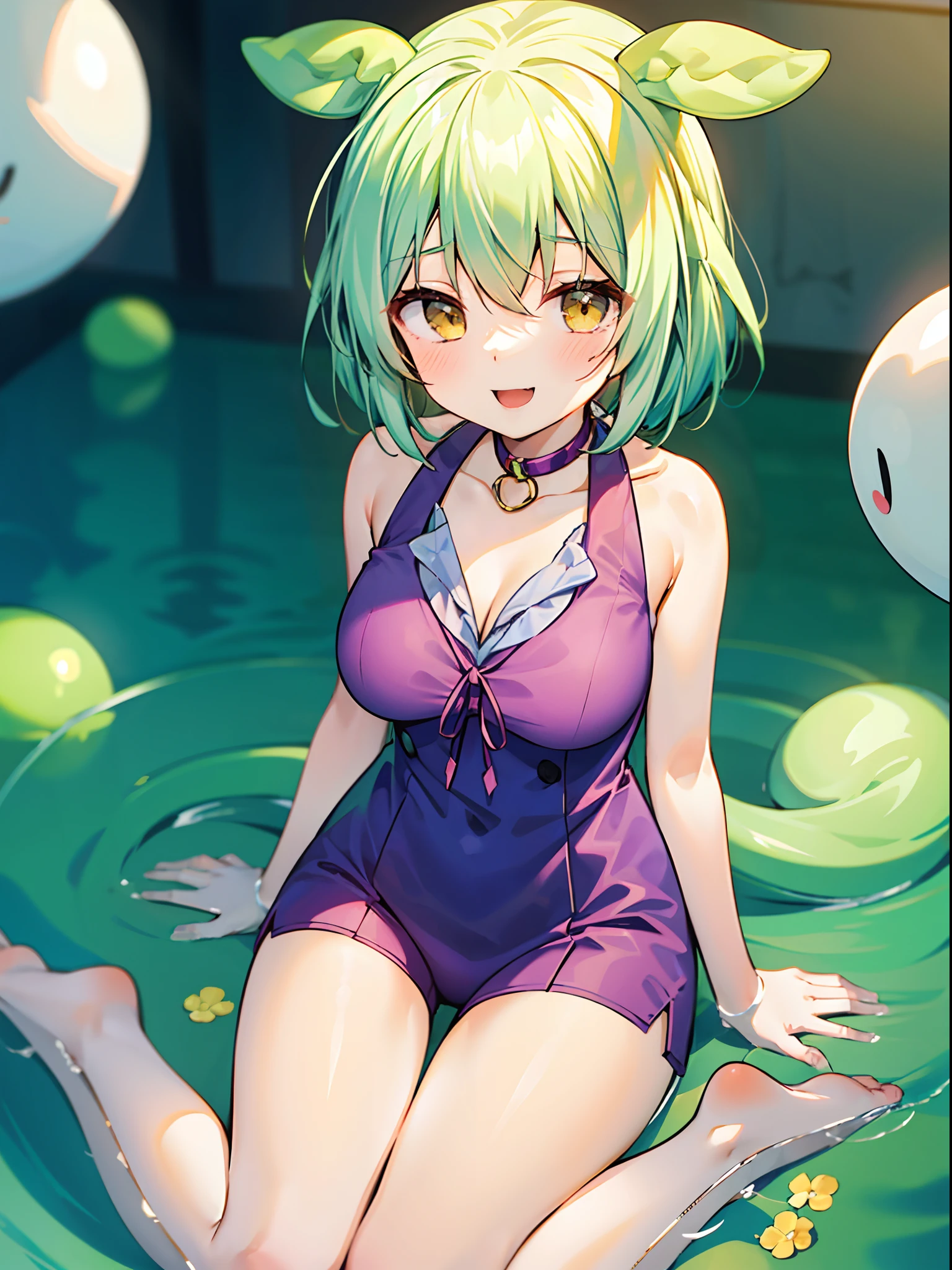 a beauty girl,Yellow-green hair,bobhair、short-hair、Gentle drooping eyes,large full breasts、校服,Manga style,fulcolor,hi-school girl,Calm and gentle face,Big smile、innocent smiles, School swim wear