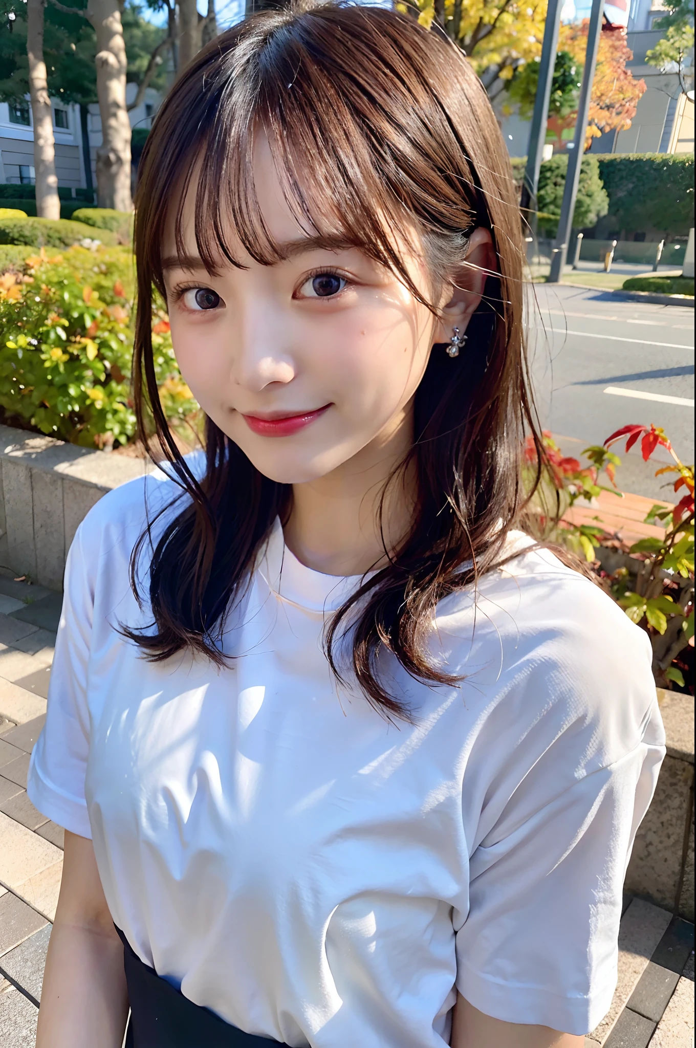 Portray a person with a cute hairstyle, sporting a sweet smile, while enjoying a candy apple, all depicted in the style of Japanese photography with hyper-realistic portraits. Dress the individual as a cheerleader and incorporate instruments typically used in an orchestra. Utilize a local cityscape as the background and experiment with shades and out-of-focus elements using an instant camera