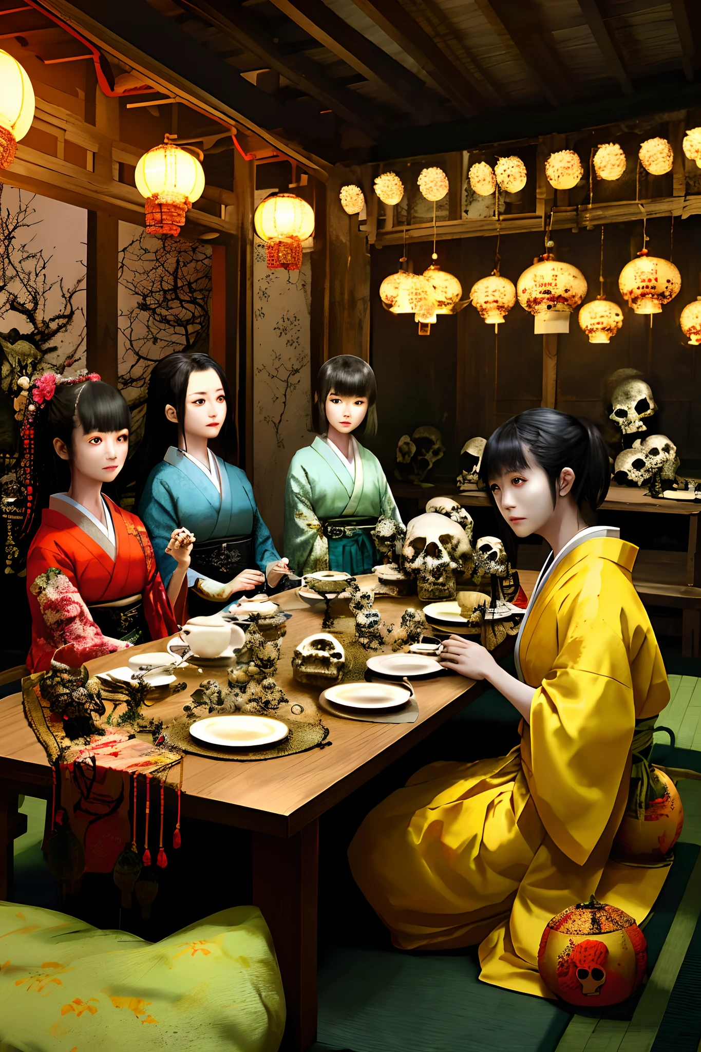 arafed image of a group of women sitting at a table with a bunch of skulls, japanese live-action movie, japanese horror, japanese horror movie footage, ross tran 8 k, cinematic. by leng jun, still from a live action movie, japonisme 3 d 8 k ultra detailed, artwork in the style of guweiz