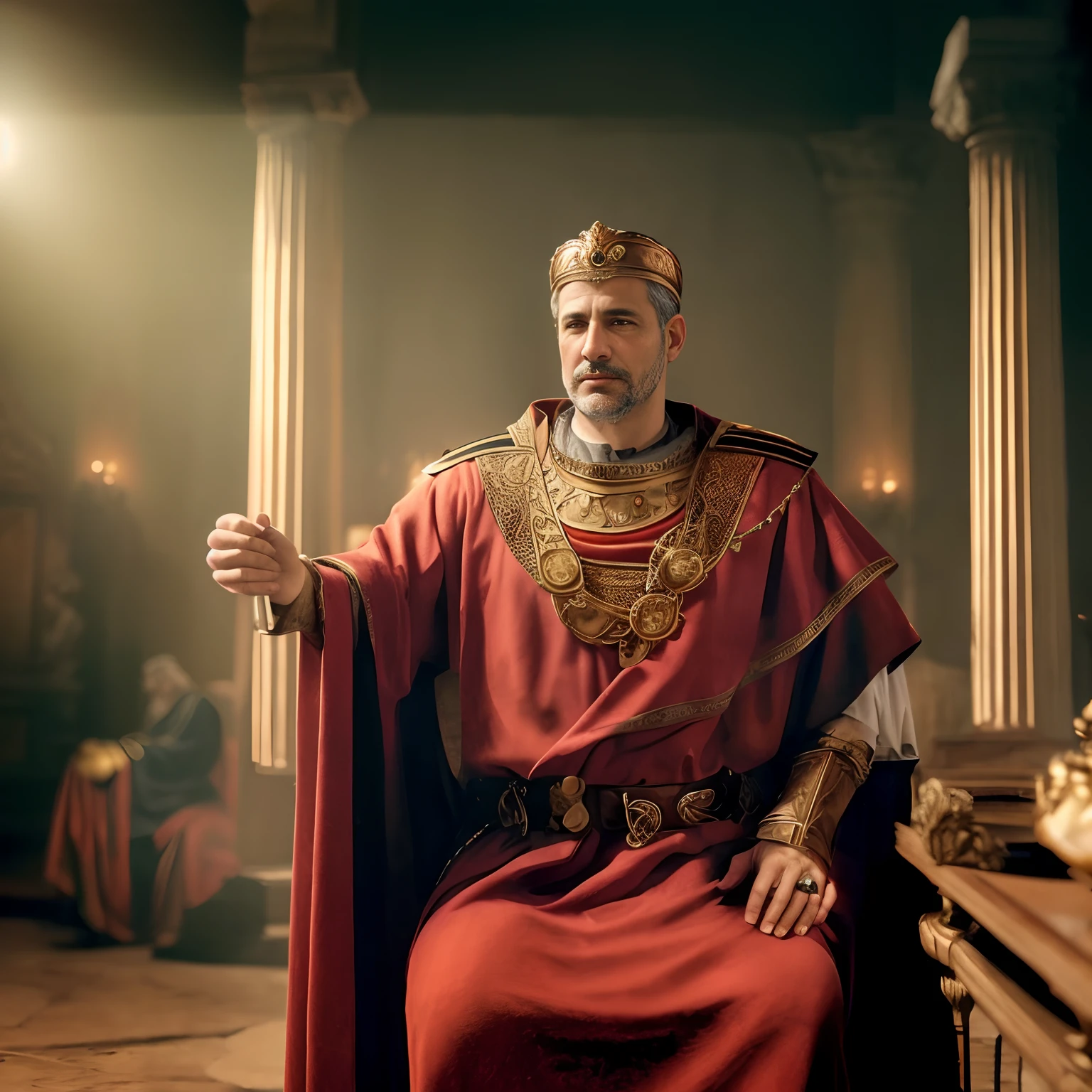 Arafed statue of a man in a red robe sitting in a room, Imperador Romano, vestidos com roupas romanas, Velho Rei Medieval, vestido como imperador, Homem de Roma Antiga, sentou-se em seu trono, filme ainda 8K, sentado em seu trono, Retrato de um velho rei medieval, sentado em um trono, Retrato tirado 8 K, inspirado em Pogus Caesar