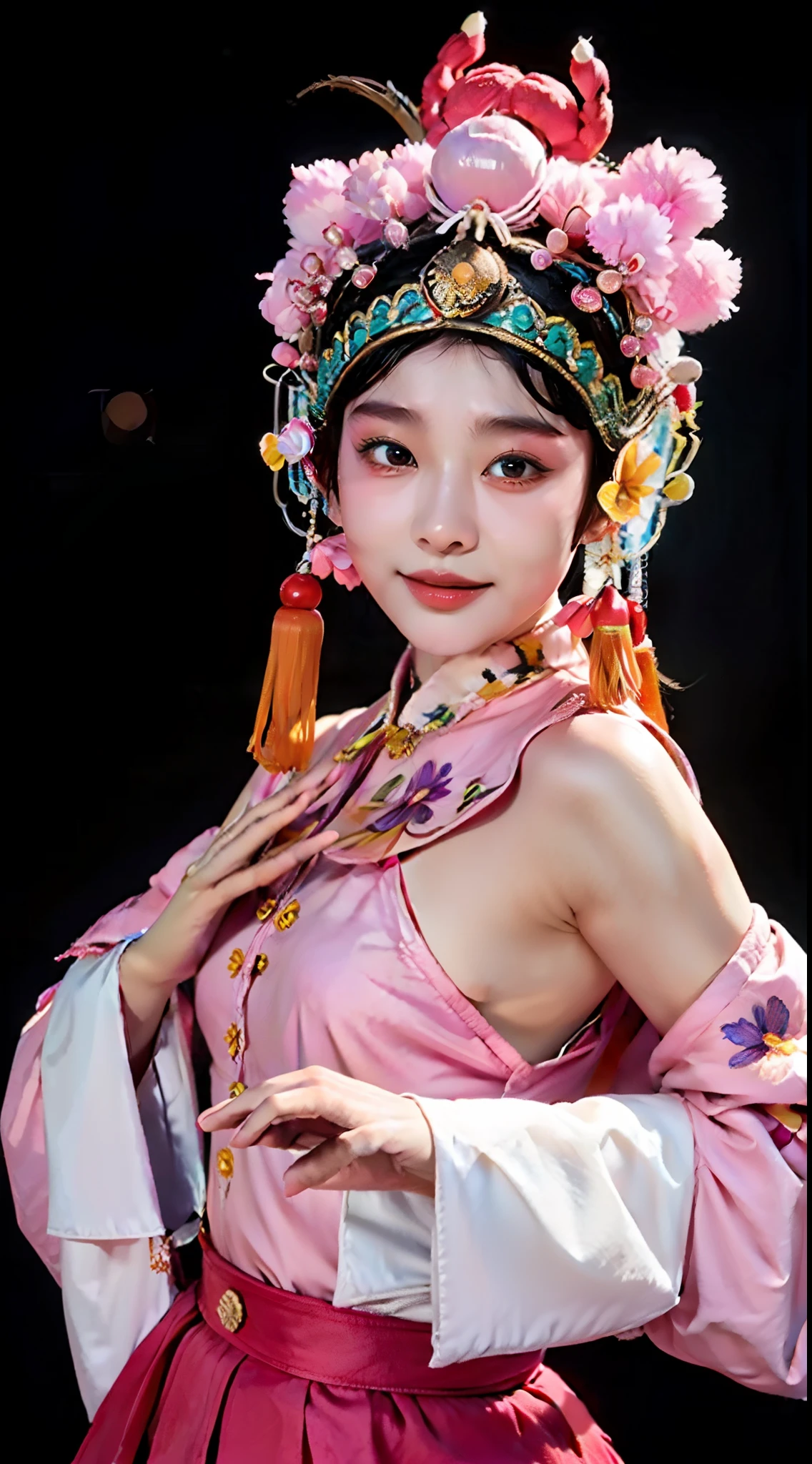 8K, RAW photo, Best quality, Masterpiece, Realistic, photo-realistic, Ultra detailed,（Peking Opera Half Noodles：1.2）
1 girl,  CNOperaCrown,  From the front side, view the viewer, Peking Opera costumes,headdress, (((CNOperaFlag))), Mark from behind, Holding,  Upper body, nipple tassels,Portrait, Simple background, Smile, Mouth closed, Flowers,Small breasts,Slim,Thin,Small head,Small face