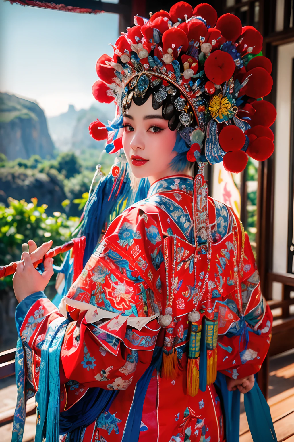 8K，RAW photos，best qualtiy，tmasterpiece，realisticlying，photograph realistic，ultra - detailed， 1 rapariga，CNOperaCrown，独奏，sportrait， Peking Opera costumes，looking at viewert， ssmile， Keep one's mouth shut， From the front， putting makeup on， head gear， （（（CNOperaFlag）））， The flag is from behind，  The upper part of the body， nipple tassels，florals，（Daumadan：1.4），（simple backgound：1.5），