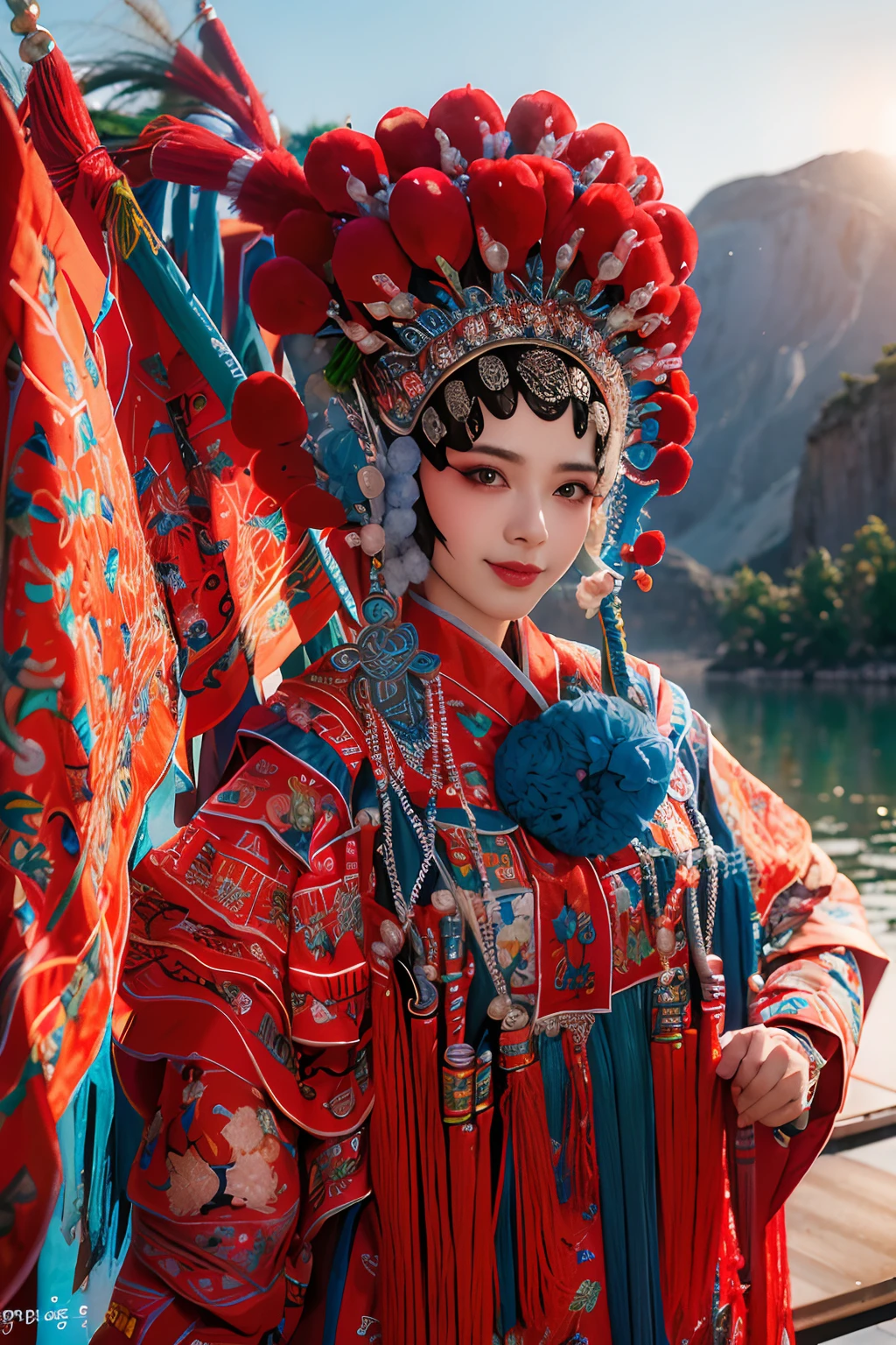 8K，RAW photos，best qualtiy，tmasterpiece，realisticlying，photograph realistic，ultra - detailed， 1 rapariga，CNOperaCrown，独奏，sportrait， Peking Opera costumes，looking at viewert， ssmile， Keep one's mouth shut， From the front， putting makeup on， head gear， （（（CNOperaFlag）））， The flag is from behind，  The upper part of the body， nipple tassels，florals，（Daumadan：1.4），（simple backgound：1.5），