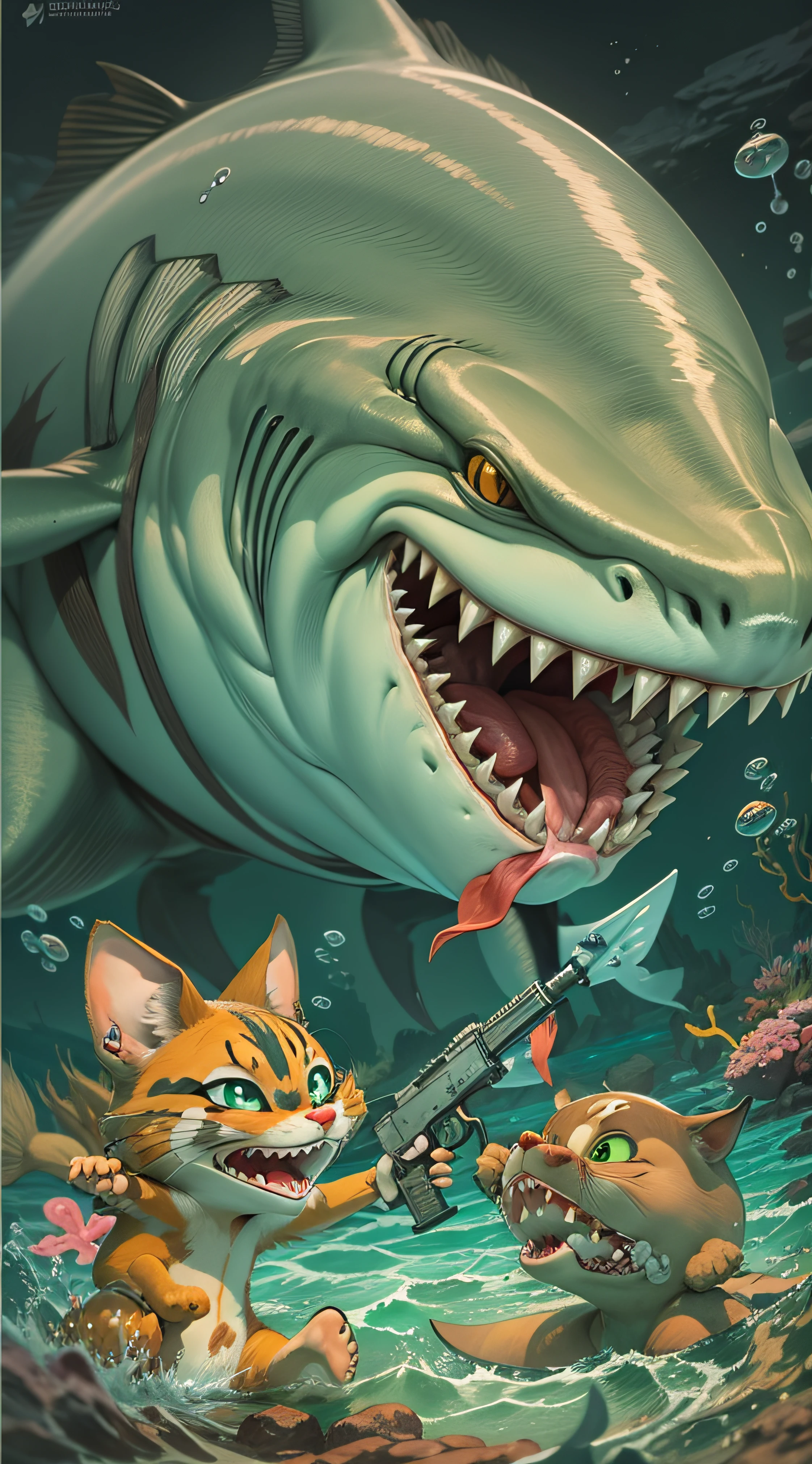 craete tom and jerry killing with gun in the deep sea, and a shark attack on the killer