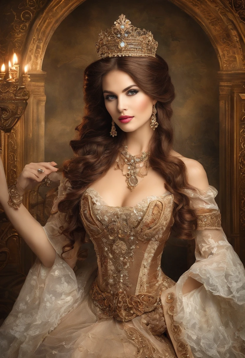 ((Anime art style)),(Masterpiece),(Best quality),(Super detail),(Very delicate and beautiful),Solo,((full bodyesbian,stand posture)),Standing in the royal palace,((1 queen in a rococo jewelry dress，Wear yours with a voluminous full-length hoop skirt)),(crinoline),Gorgeous embroidery,((Gorgeous gemstone jewelry)),Detailed face and eyes,Jewel-like eyes,((Plenty of straight hair,Extra-long fluffy hair)),((huge tit,long breasts,skin indentation)),Gorgeous embroidery,cleavage,Extremely gorgeous hair accessories,(Extremely gorgeous gemstone tiara，dourados cintilantes),Gorgeous corsage,(Dynamic Angle),view the viewer,((full bodyesbian))