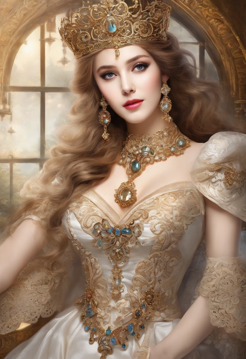 ((Anime art style)),(Masterpiece),(Best quality),(Super detail),(Very delicate and beautiful),Solo,((full bodyesbian,stand posture)),Standing in the royal palace,((1 queen in a rococo jewelry dress，Wear yours with a voluminous full-length hoop skirt)),(crinoline),Gorgeous embroidery,((Gorgeous gemstone jewelry)),Detailed face and eyes,Jewel-like eyes,((Plenty of straight hair,Extra-long fluffy hair)),((huge tit,long breasts,skin indentation)),Gorgeous embroidery,cleavage,Extremely gorgeous hair accessories,(Extremely gorgeous gemstone tiara，dourados cintilantes),Gorgeous corsage,(Dynamic Angle),view the viewer,((full bodyesbian))