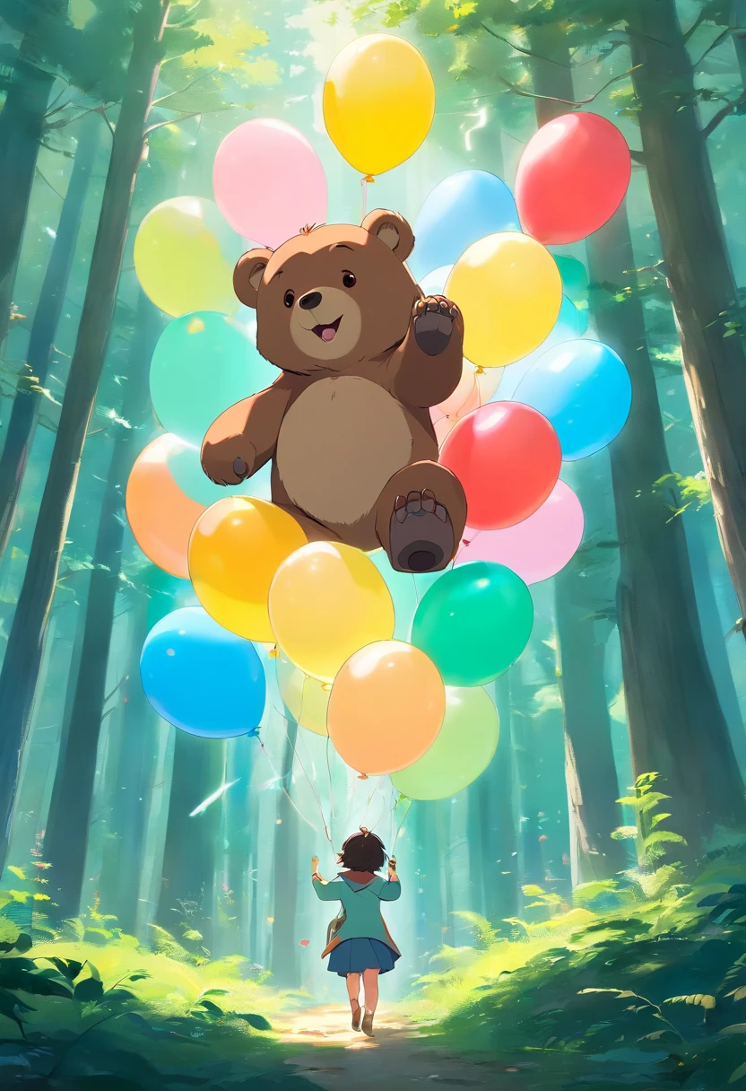 Cute bear, ln the forest，Illuminated by soft, Dreamy volumetric lighting. Surreal but non-threatening and beautiful. Many balloons, cheerfulness, cheerfulness, perfectquality, Clear focus