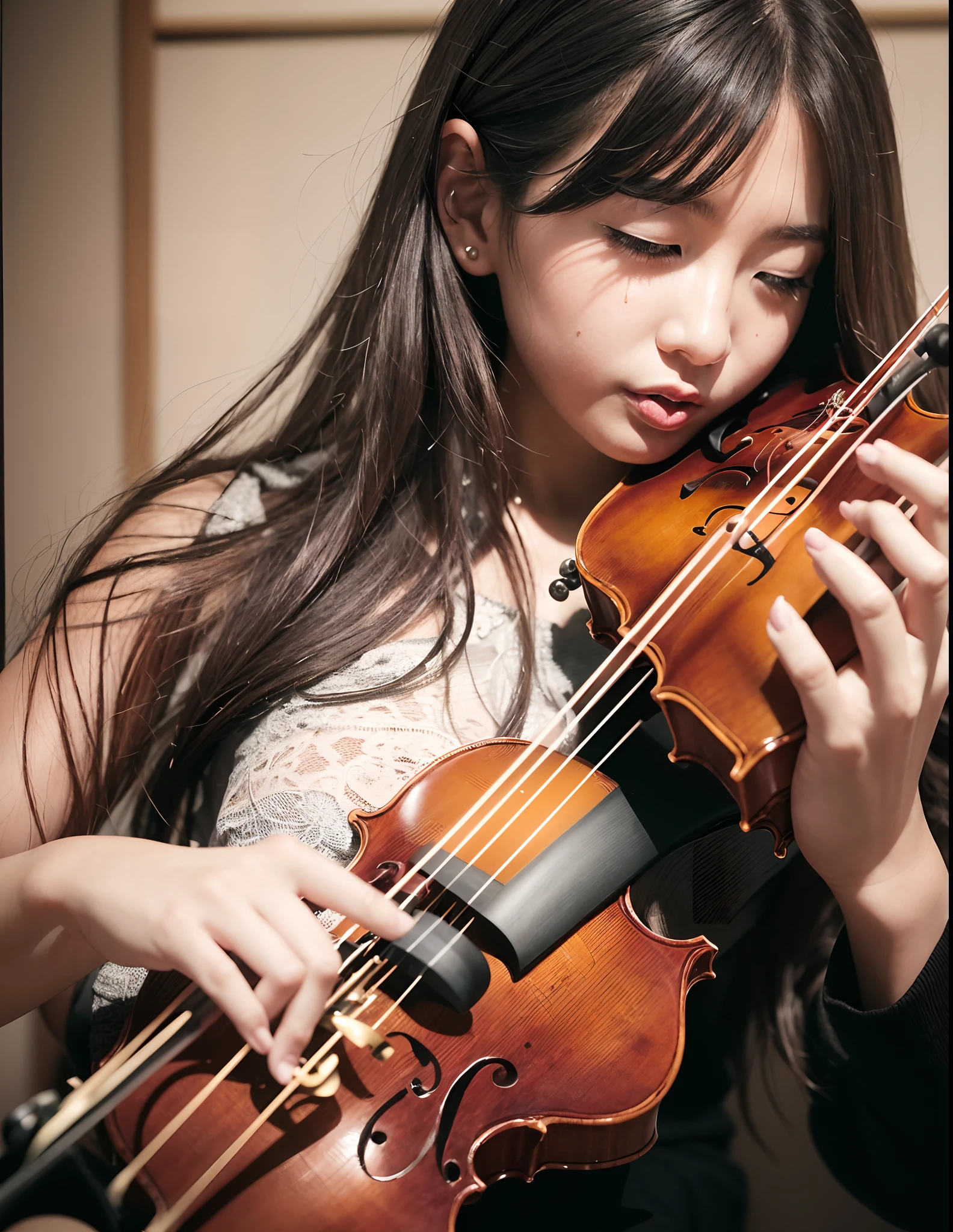 Photography showcasing the evocative beauty of a solo instrumental performance. The image captures a skilled violinist, their body swaying in harmony with the music as they caress the strings with precision and emotion. The setting is an intimate concert hall adorned with elegant decor, amplifying the artist's graceful presence. The composition is a close-up shot, zooming in on the violinist's passionate expression and the intricate details of the instrument. The lighting is warm and gentle, illuminating the musician and casting a soft glow on their surroundings. This photograph exudes the soul-stirring power of instrumental music. Photographed by Daido Moriyama, a renowned Japanese photographer celebrated for his bold and atmospheric compositions --auto --s2