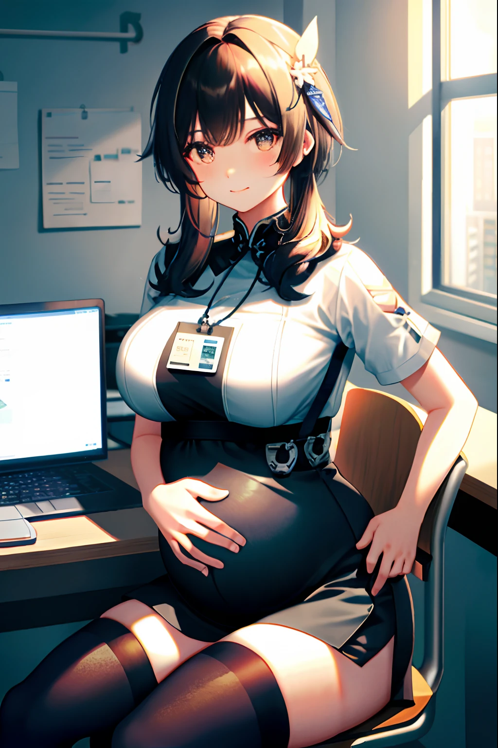 lissa， 1girll， 独奏， （（white  shirt））， black thighhigns，Large breasts，， 校服， office backdrop， a black skirt， pleatedskirt， office room， hair between eye，，big cleavage breasts， long whitr hair， looking at viewert， silver short nails， Gray eye， 独奏， upper legs， upper legs， long whitr hair， （（tmasterpiece））， Sat down， a chair， desks， Computer on the desk， name badge， ID tags， inside in room， Be red in the face， sexyposture， hand behind ack，Pregnant belly，Pregnant belly，Gorgeous Hair in Long Purple，Gorgeous Hair in Long Purple