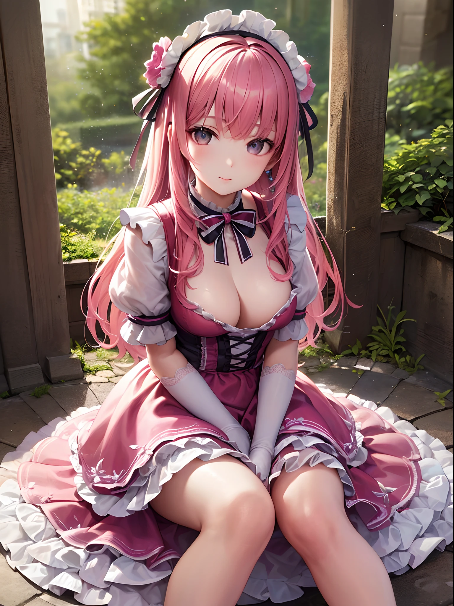 (masterpiece、top-quality、hight resolution、photos realistic、real looking skin:1.1)、Super delicate cute girl in a ta dress with pink hair、 8K Ultra High Definition、Delicate texture、nsfw