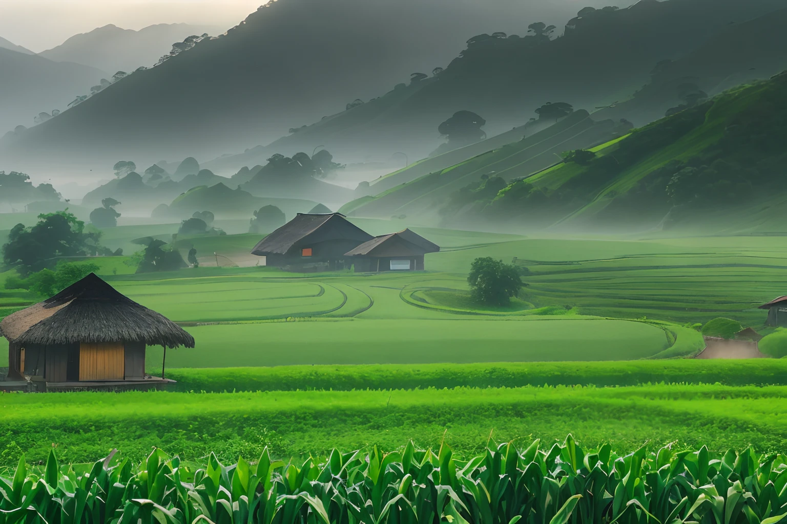 Large expanses of cornfield, mountains, huts, with corn fields, corn fields, misty rain, villages, agriculture, in the tranquil landscape, misty weather, in the vast tranquil landscape, in the early morning, in the morning mist, behind a small village, mist, vietnamese countryside, thatched roofs --auto --v 6
