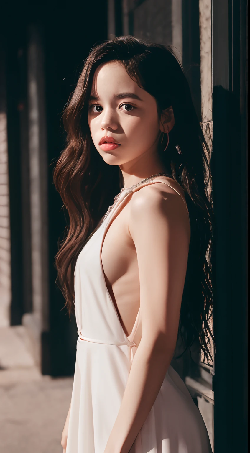 Photo of Jenna Ortega in tiny dress, under dress, close-up of vagina, wet, very pale skin, very long hair, busy street, indirect lighting, hyper detailed, Hourglass body, muscular, Captured by Panavision Panaflex Platinum