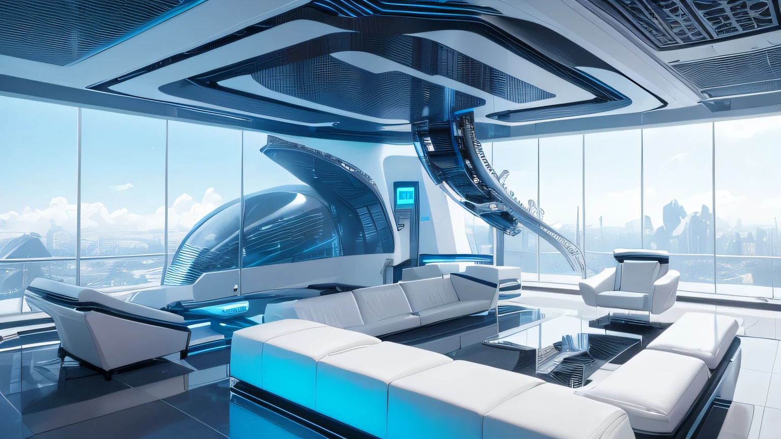 Alien structure, a room with large windows. living room with white futuristic sofas. clean room, Alien structure, futuristic synthwave design, Alien synthwave structure, vaporwave. View of a balcony. Leisure area, futuristic living room. Technological environment. Futuristic, futuristic synthwave design, Alien synthwave structure, White and blue, 8K, Realistic photo, deep color, fantastical, intricate detail, splash screen, complementary colors, 8k resolution trending on Artstation Unreal Engine 5"futuristic synthwave design, Alien synthwave structure,