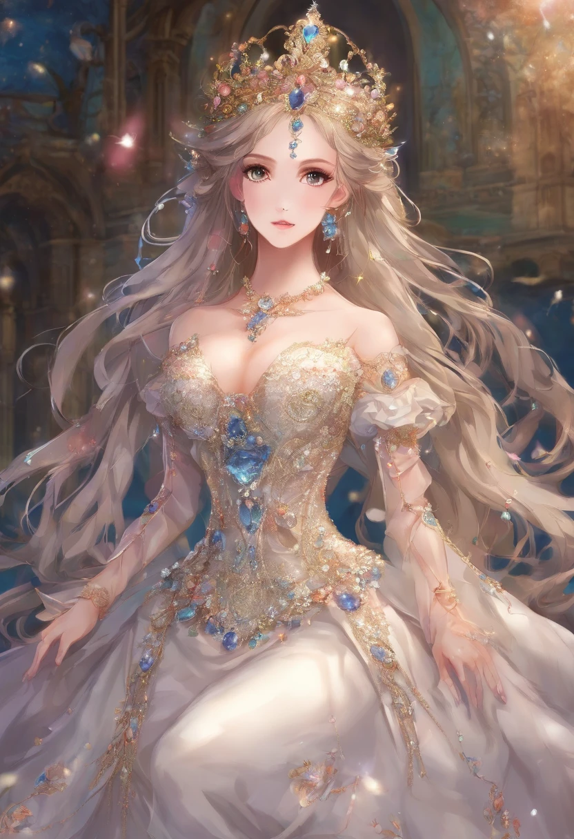 ((Anime art style)),(Masterpiece),(Best quality),(Super detail),(Very delicate and beautiful),Solo,((full bodyesbian,stand posture)),Standing in the royal palace,((1 queen in a rococo jewelry dress,Wear yours with a voluminous full-length hoop skirt)),(crinoline),Gorgeous embroidery,((Gorgeous gemstone jewelry)),Detailed face and eyes,Jewel-like eyes,((Plenty of straight hair,Extra-long fluffy hair)),((huge tit,long breasts,skin indentation)),Gorgeous embroidery,cleavage,Extremely gorgeous hair accessories,(Extremely gorgeous gemstone tiara,dourados cintilantes),Gorgeous corsage,(Dynamic Angle),view the viewer,((full bodyesbian))