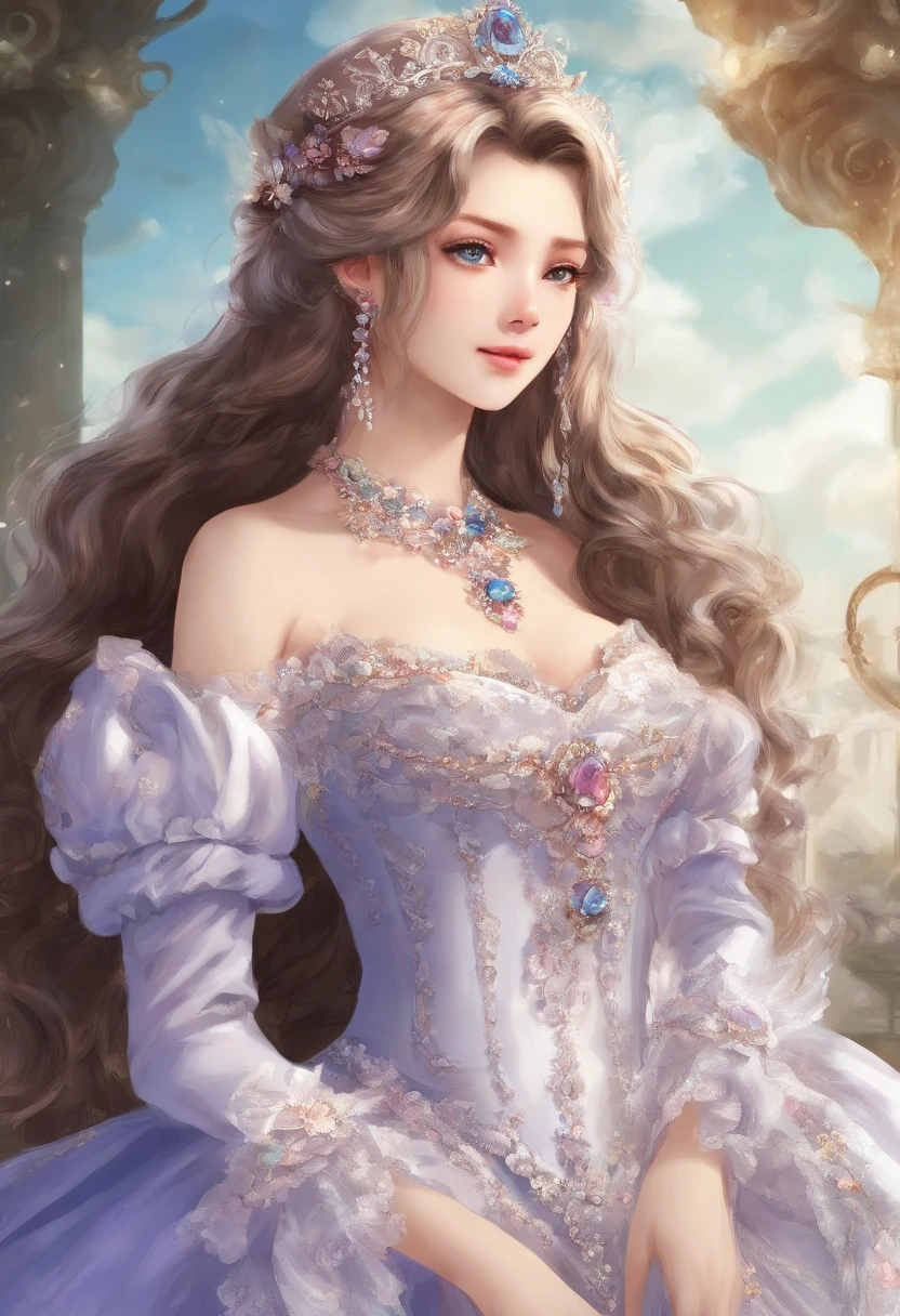 ((Anime art style)),(Masterpiece),(Best quality),(Super detail),(Very delicate and beautiful),Solo,((full bodyesbian,stand posture)),Standing in the royal palace,((1 queen in a rococo jewelry dress,Wear yours with a voluminous full-length hoop skirt)),(crinoline),Gorgeous embroidery,((Gorgeous gemstone jewelry)),Detailed face and eyes,Jewel-like eyes,((Plenty of straight hair,Extra-long fluffy hair)),((huge tit,long breasts,skin indentation)),Gorgeous embroidery,cleavage,Extremely gorgeous hair accessories,(Extremely gorgeous gemstone tiara,dourados cintilantes),Gorgeous corsage,(Dynamic Angle),view the viewer,((full bodyesbian))