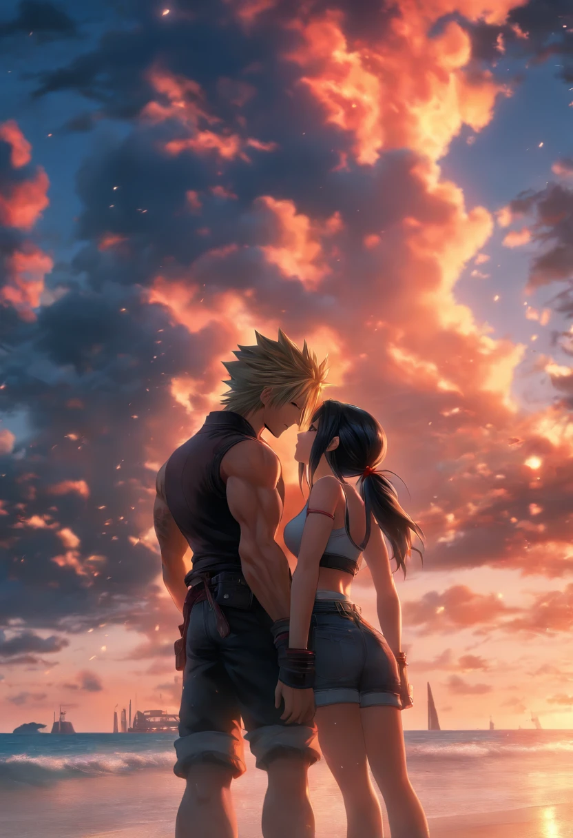 Cloud und Tifa am Strand aus Final Fantasy 7 Remake, kissing on the beach, UHD, masterpiece, ccurate, anatomically correct, high quality, high details, super detail, textured skin, best quality, highres, 8k